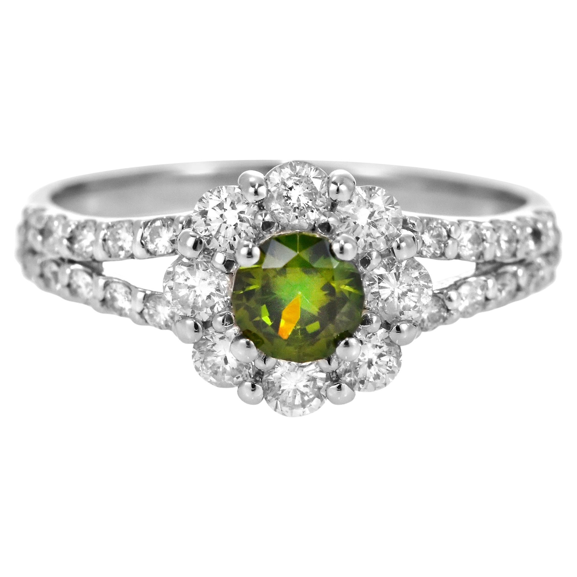 0.42 Carat Demantoid Garnet and Diamond Halo Ring Made in Platinum