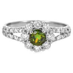 0.42 Carat Demantoid Garnet and Diamond Halo Ring Made in Platinum