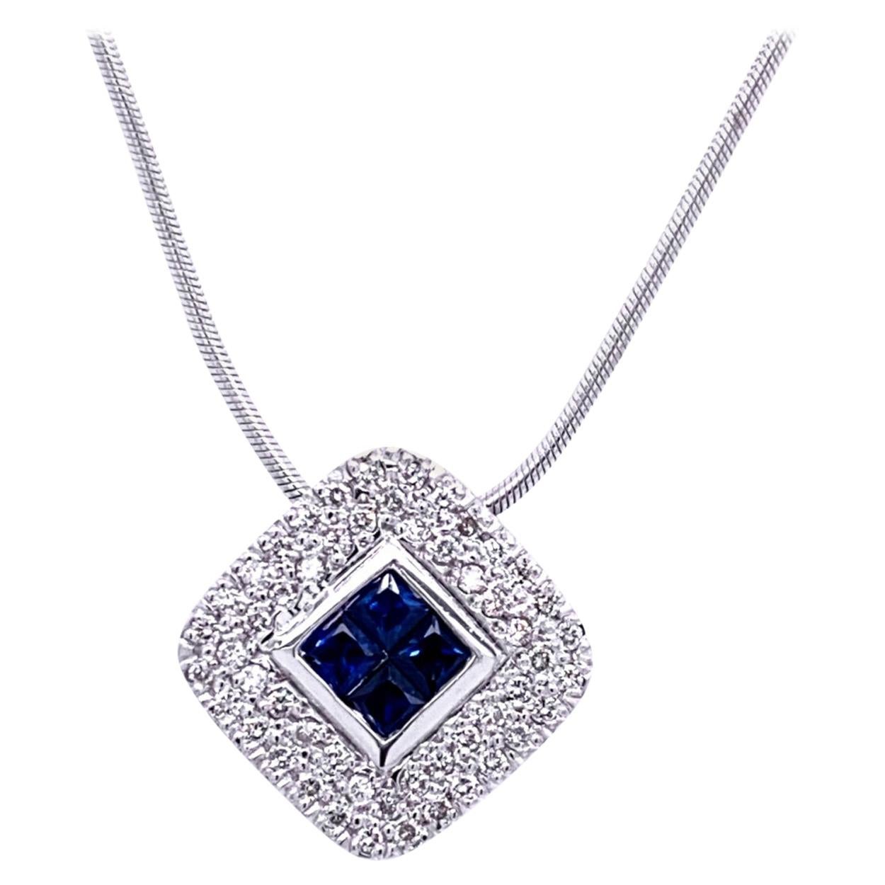 0.42 Carat Diamond/0.46 Carat Blue Sapphire 18 Karat Gold Pendant Necklace