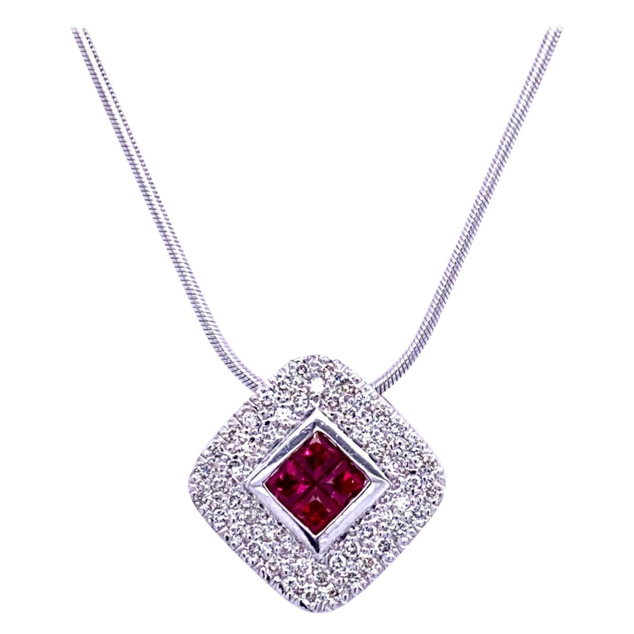 0.42 Carat Diamond/0.46 Carat Ruby 18 Karat Gold Pendant Necklace For Sale