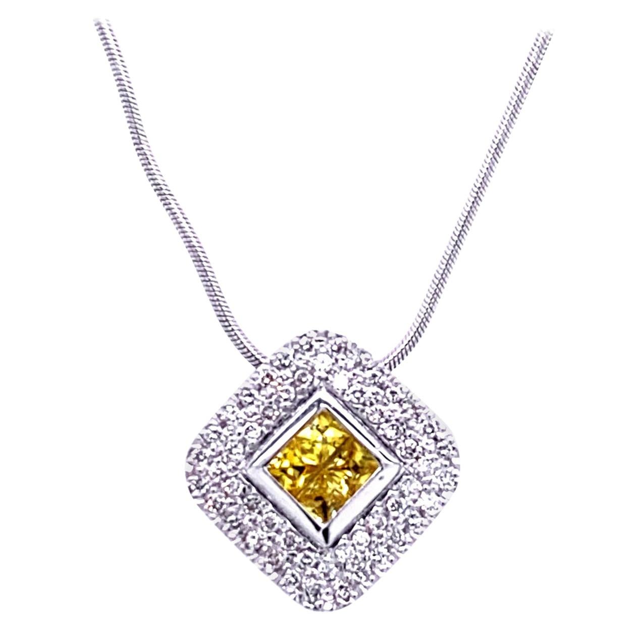 0,42 Karat Diamant/0,46 Karat gelber Saphir 18 Karat Gold Anhänger Halskette