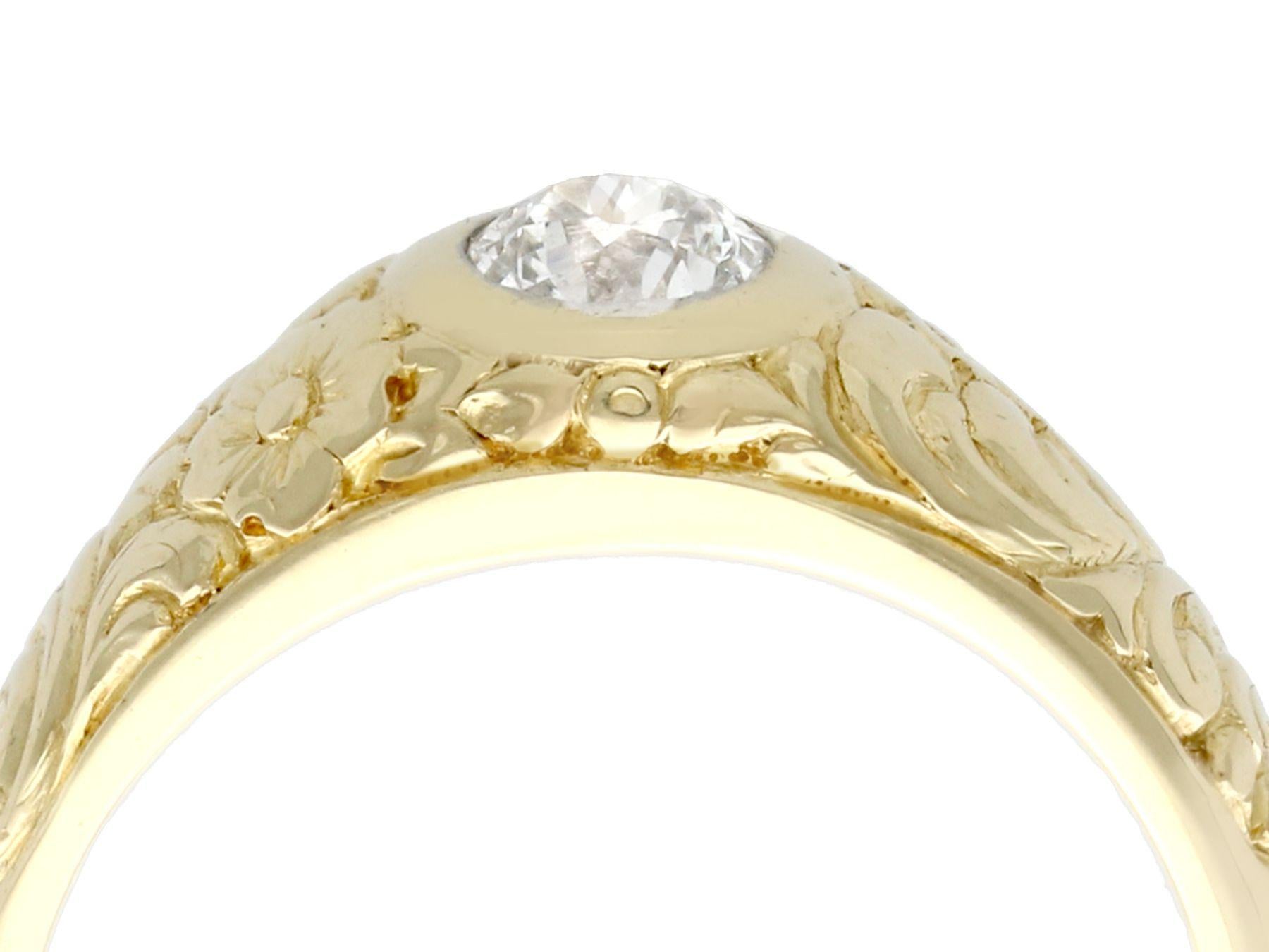 A fine and impressive antique 1930s 0.42 carat diamond and 14k yellow gold solitaire ring; part of our diverse antique estate jewelry collections.

This fine and impressive antique unisex gold and diamond ring has been crafted in 14k yellow