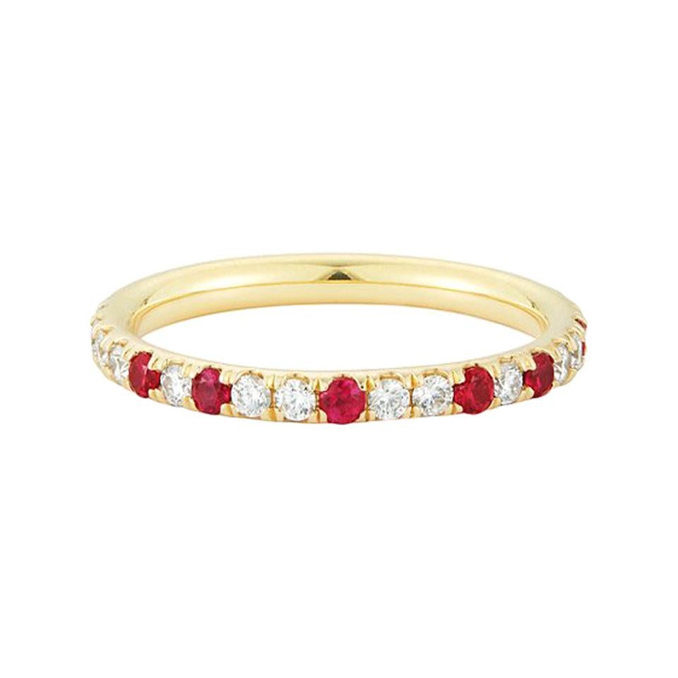 .042 Carat Diamond and .23 Carat Ruby Speckled 18 Karat Gold Eternity Band For Sale