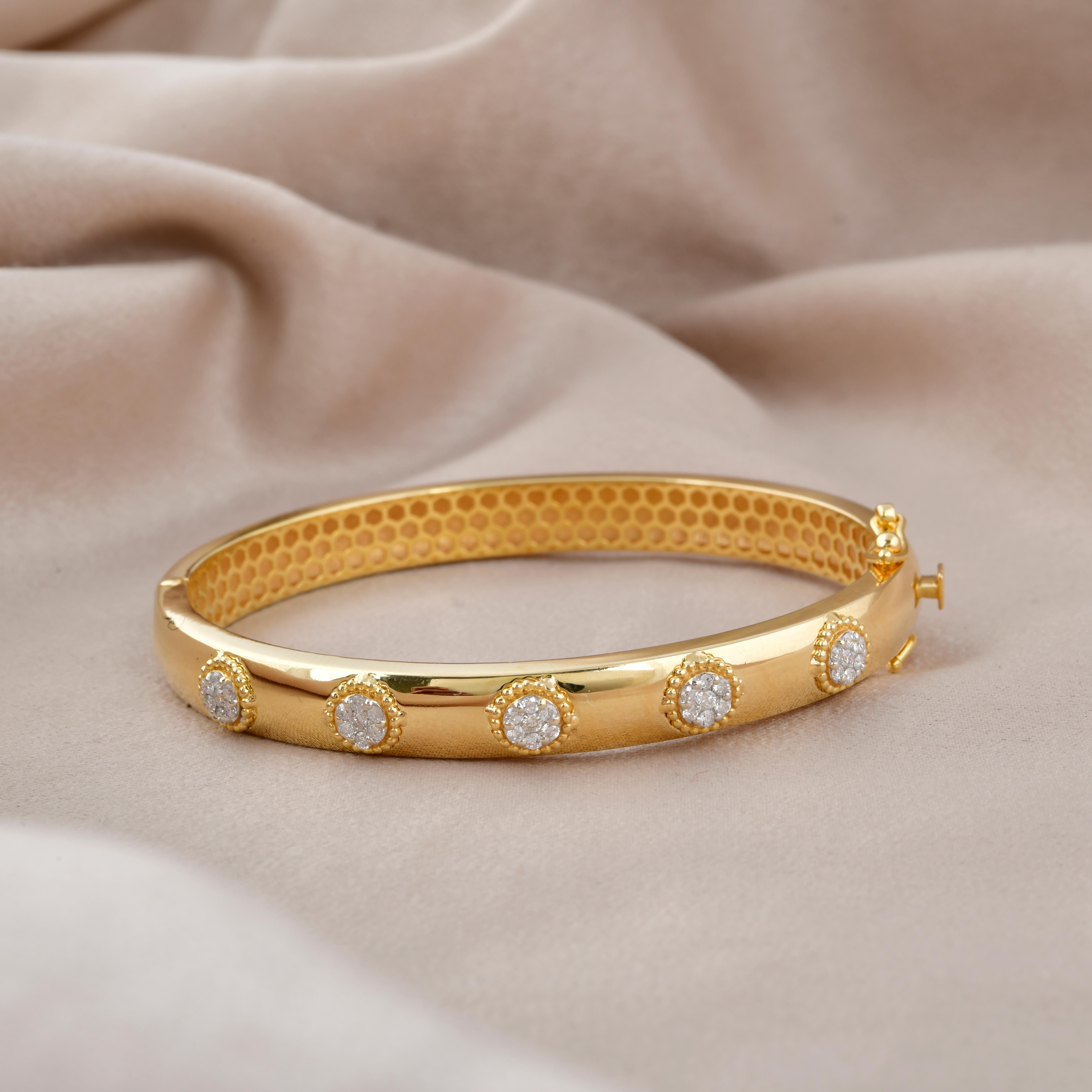 Round Cut 0.42 Carat Diamond Pave Bangle Bracelet 14 Karat Yellow Gold Handmade Jewelry For Sale