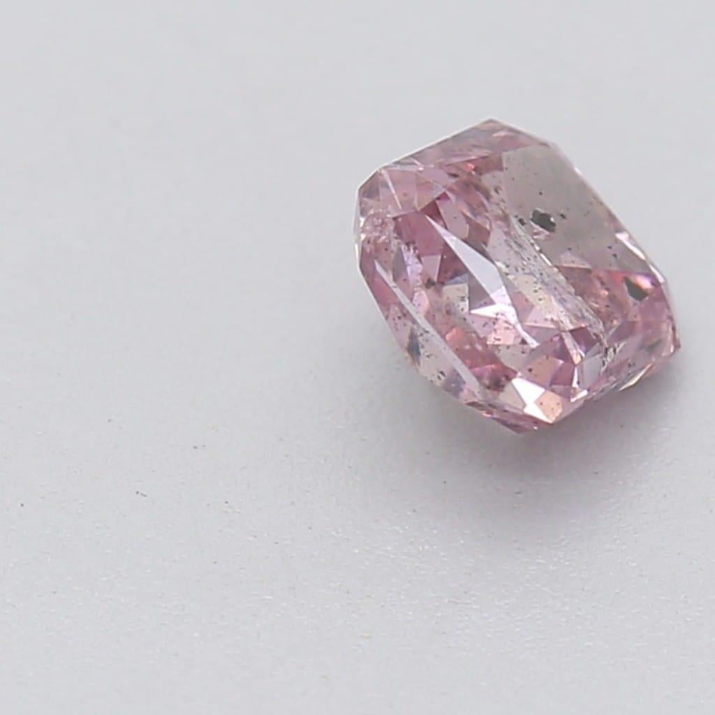 Women's or Men's 0.42 Carat Fancy Intense Purplish Pink Radiant Cut I2 Clarity GIA Certified For Sale