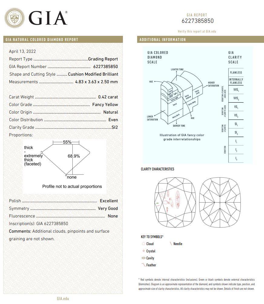 0.42 Carat Fancy Yellow Cushion cut diamond SI2 Clarity GIA Certified For Sale 2