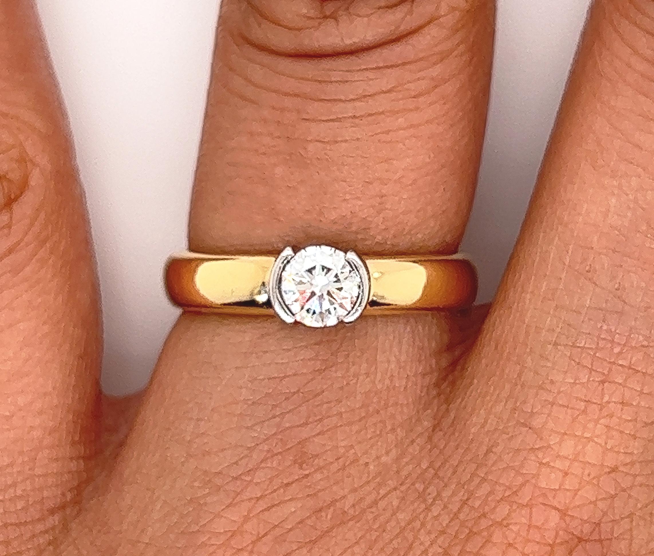 Women's 0.42 Carat Half-Bezel Solitaire Diamond and Gold Engagement Ring, Full Set For Sale
