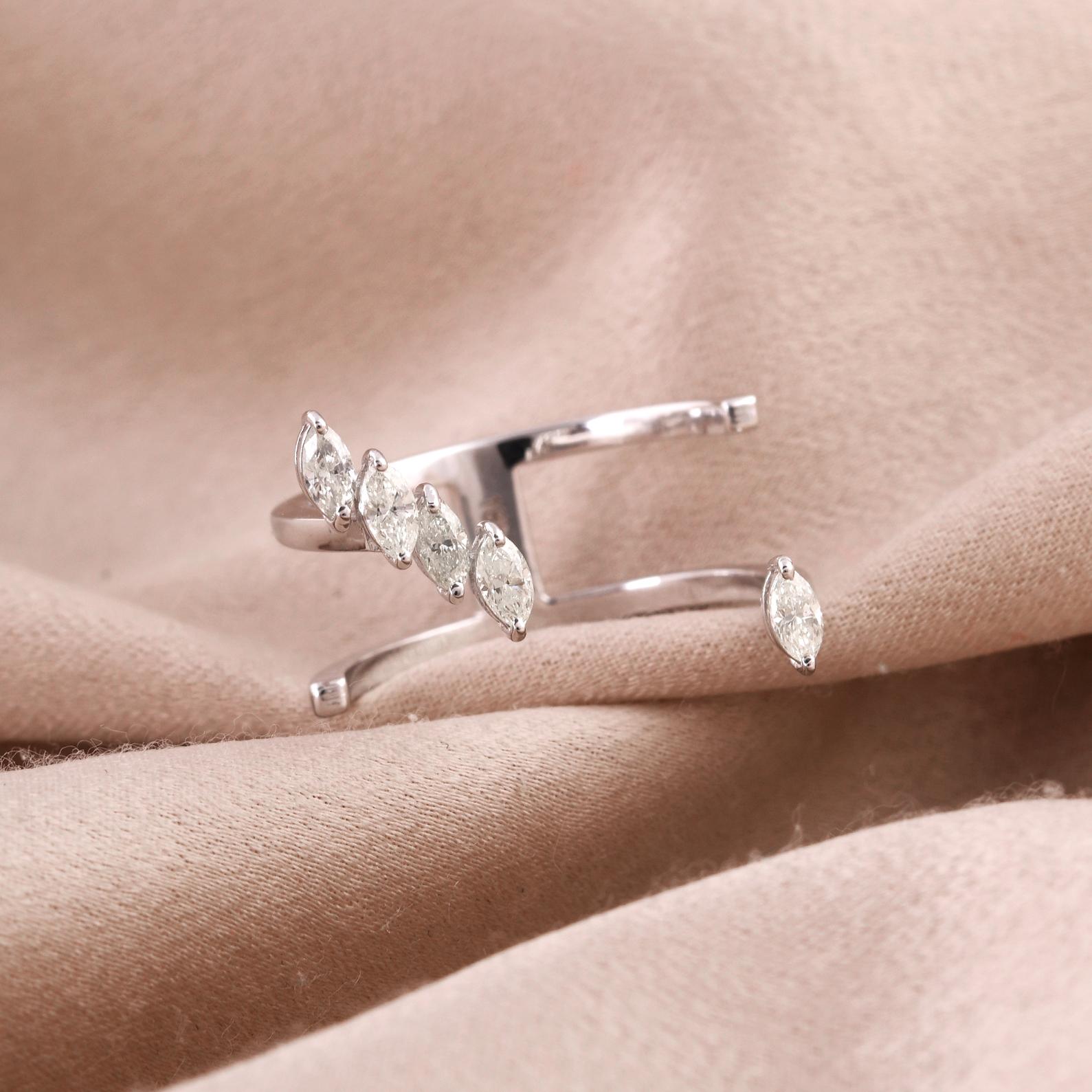 Modern 0.42 Carat Marquise Diamond Cuff Ring 18 Karat White Gold Handmade Fine Jewelry For Sale