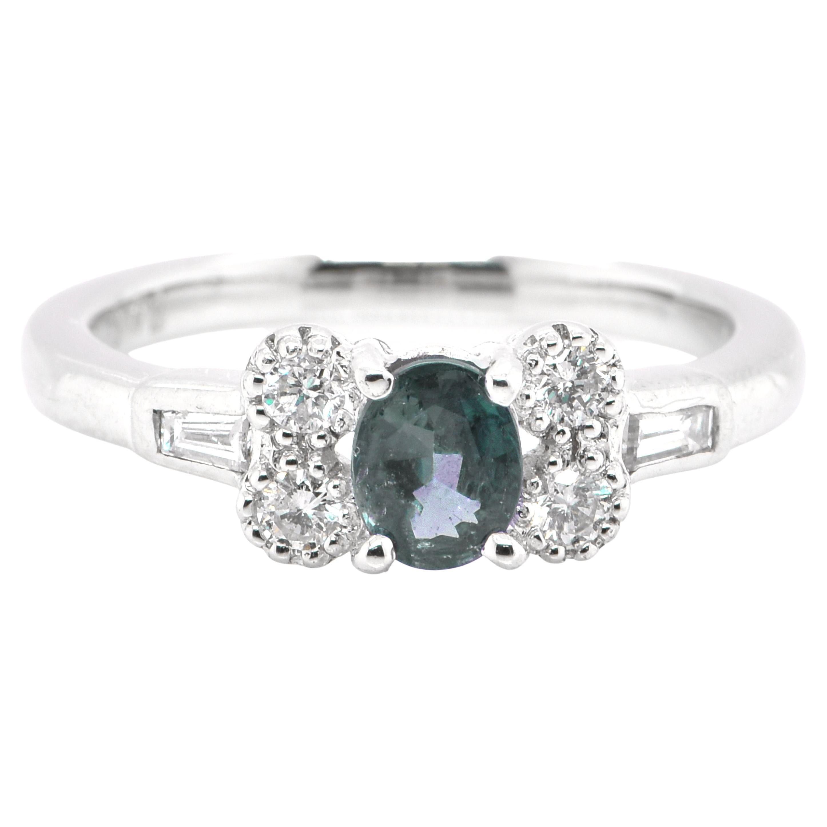 0.42 Carat Natural Color-Changing Alexandrite and Diamond Ring Set in Platinum