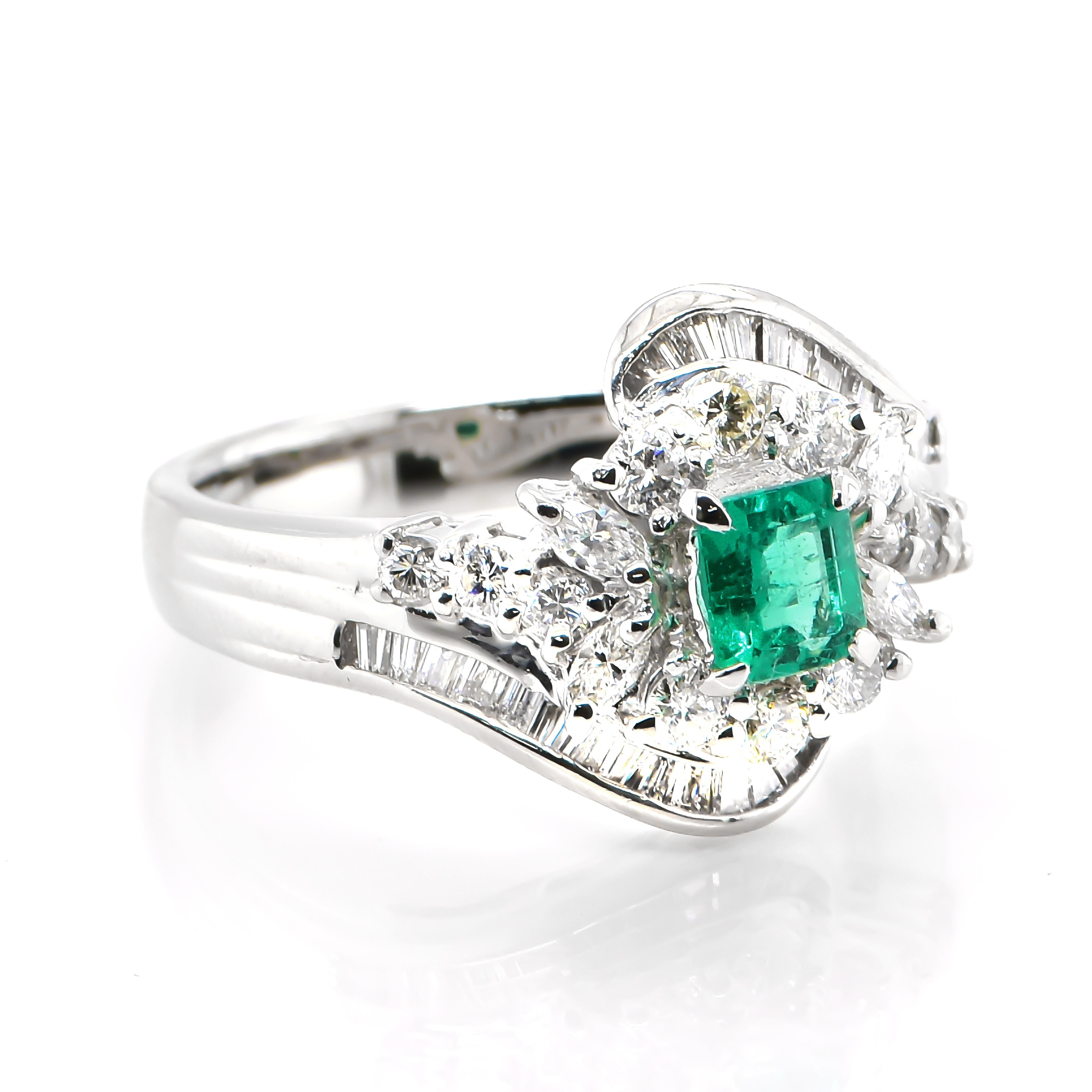 A stunning ring featuring a 0.42 Carat Natural Emerald and 1.19 Carats of Diamond Accents set in Platinum. People have admired emerald’s green for thousands of years. Emeralds have always been associated with the lushest landscapes and the richest