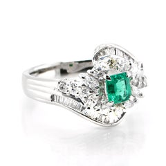 0.42 Carat Natural Vivid Green Emerald & Diamond Cocktail Ring Made in Platinum