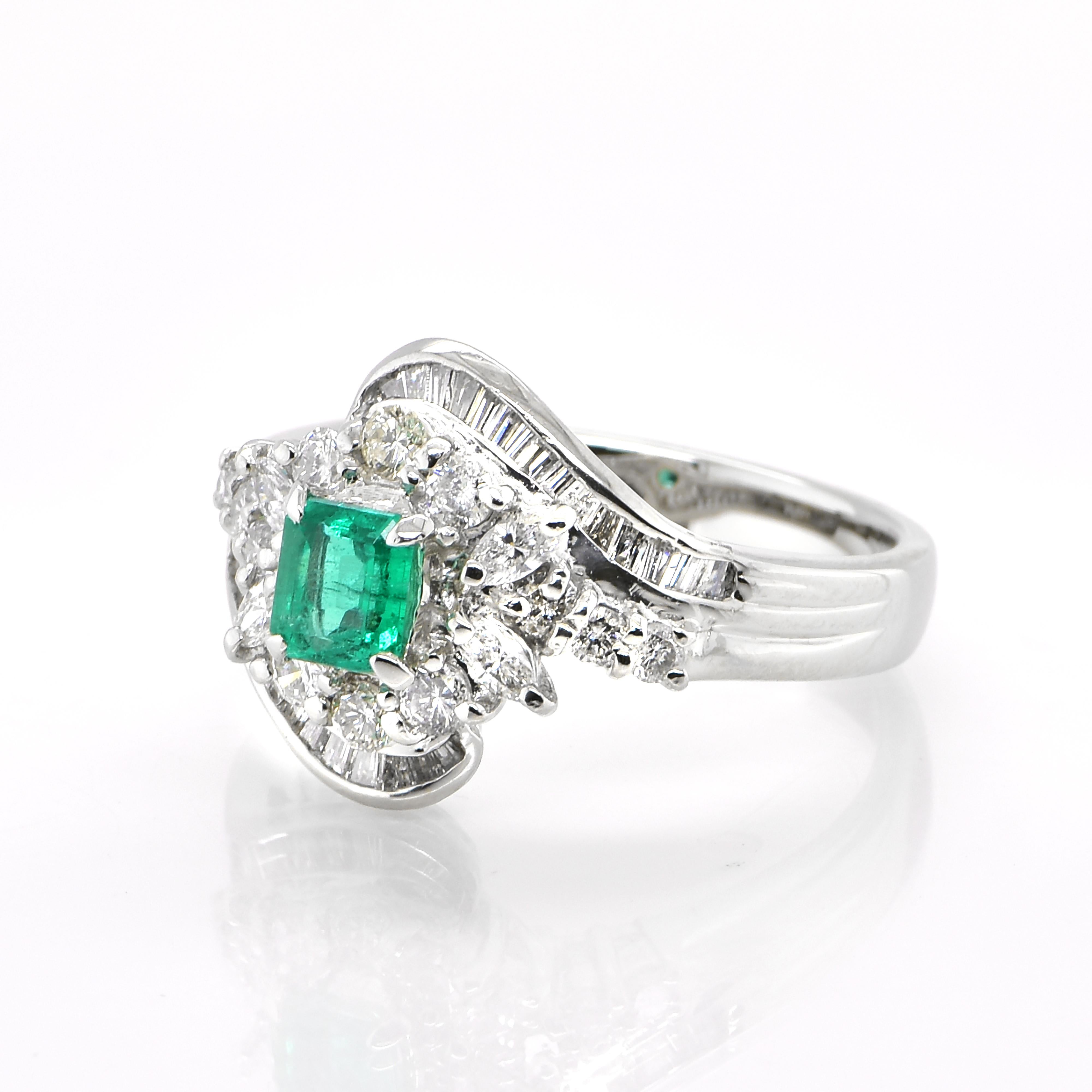 Modern 0.42 Carat Natural Vivid Green Emerald & Diamond Cocktail Ring Made in Platinum For Sale