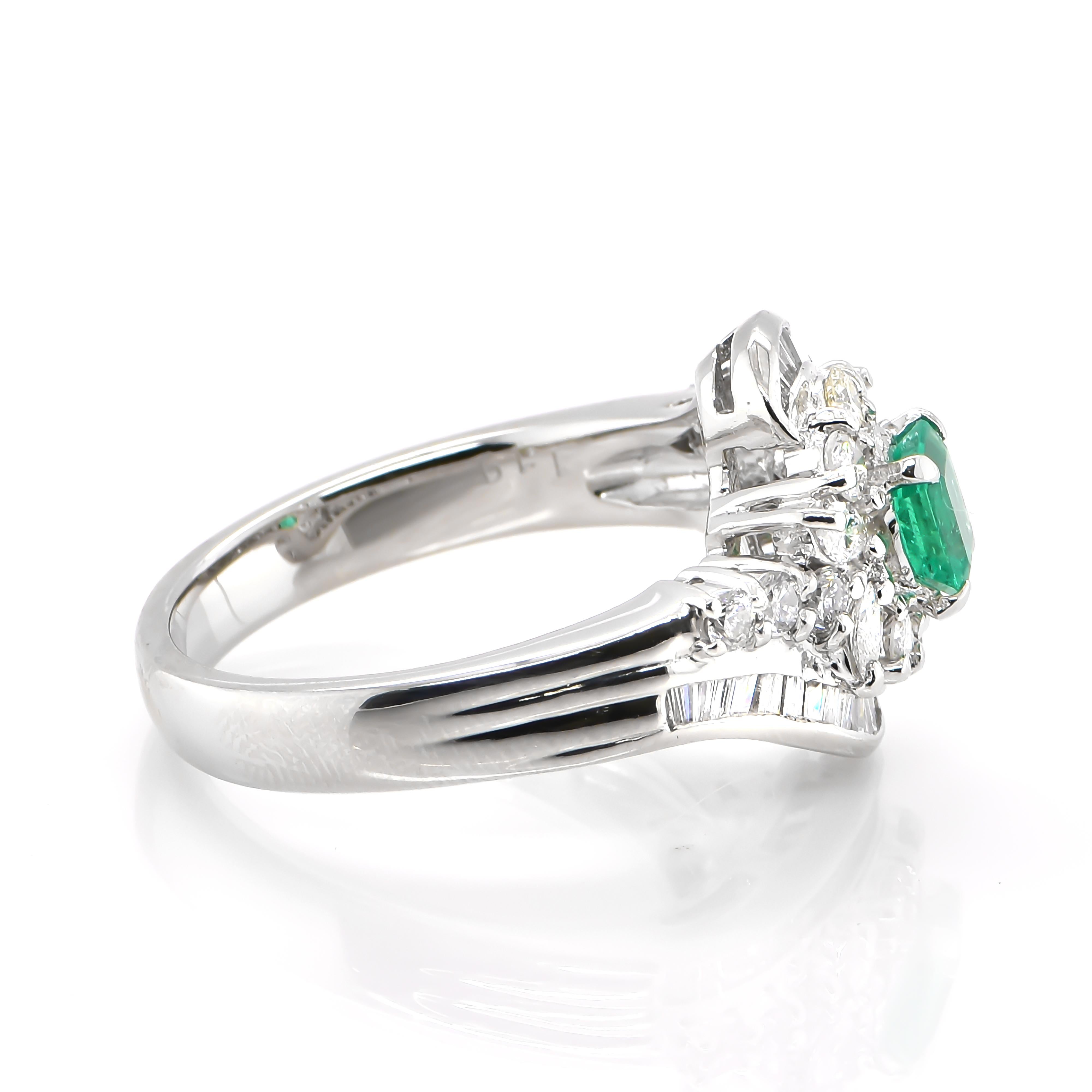 Emerald Cut 0.42 Carat Natural Vivid Green Emerald & Diamond Cocktail Ring Made in Platinum For Sale