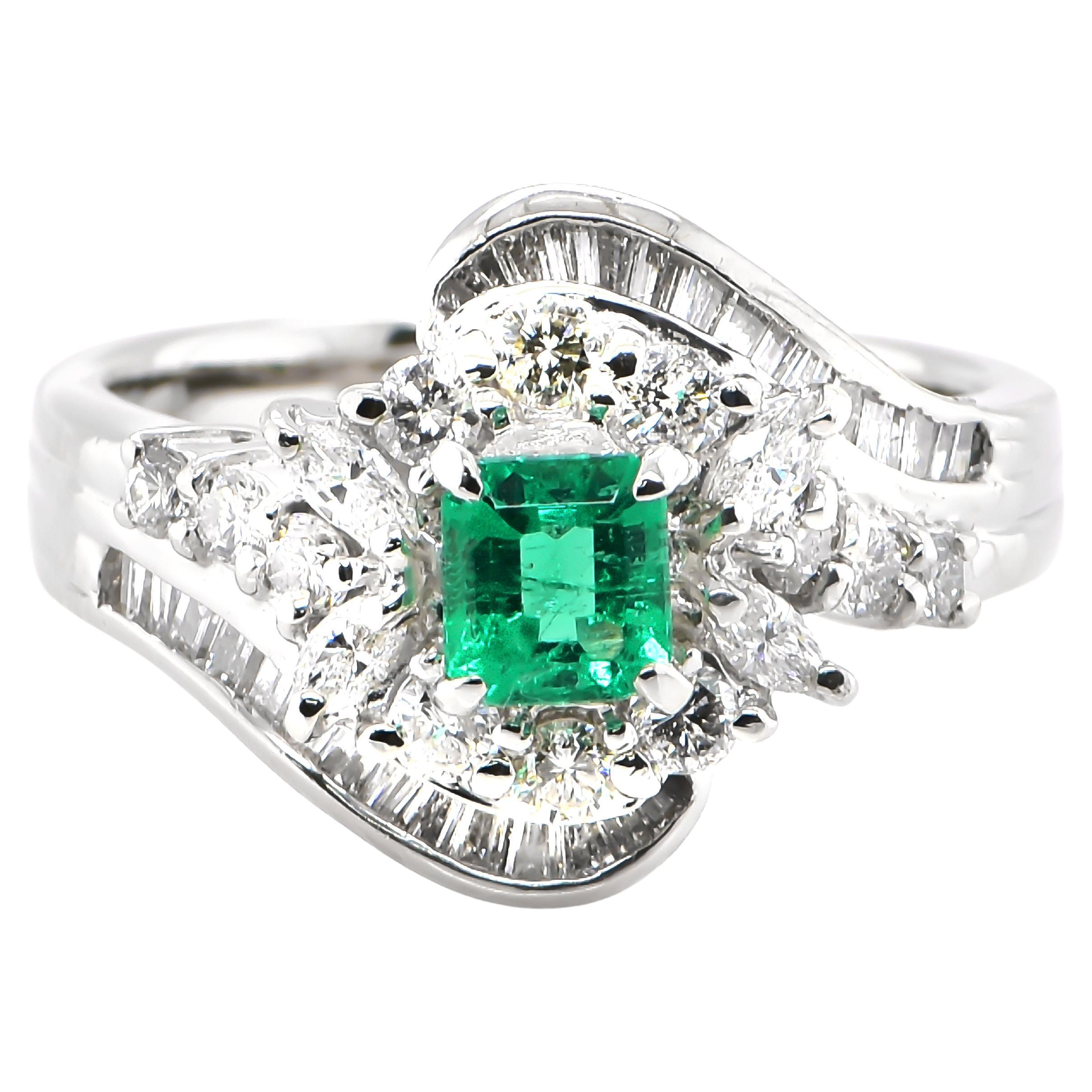 0.42 Carat Natural Vivid Green Emerald & Diamond Cocktail Ring Made in Platinum For Sale