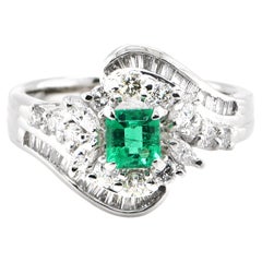 Vintage 0.42 Carat Natural Vivid Green Emerald & Diamond Cocktail Ring Made in Platinum