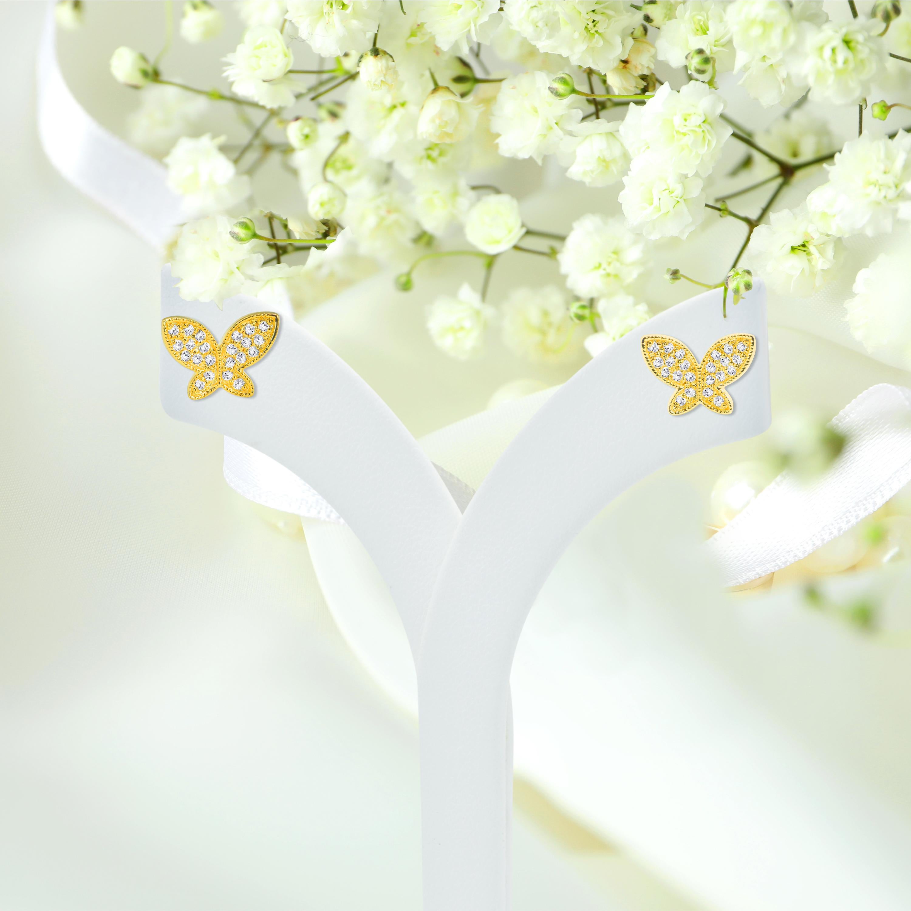 Modern 0.42ct Diamond Butterfly Stud Earrings in 14k Gold For Sale