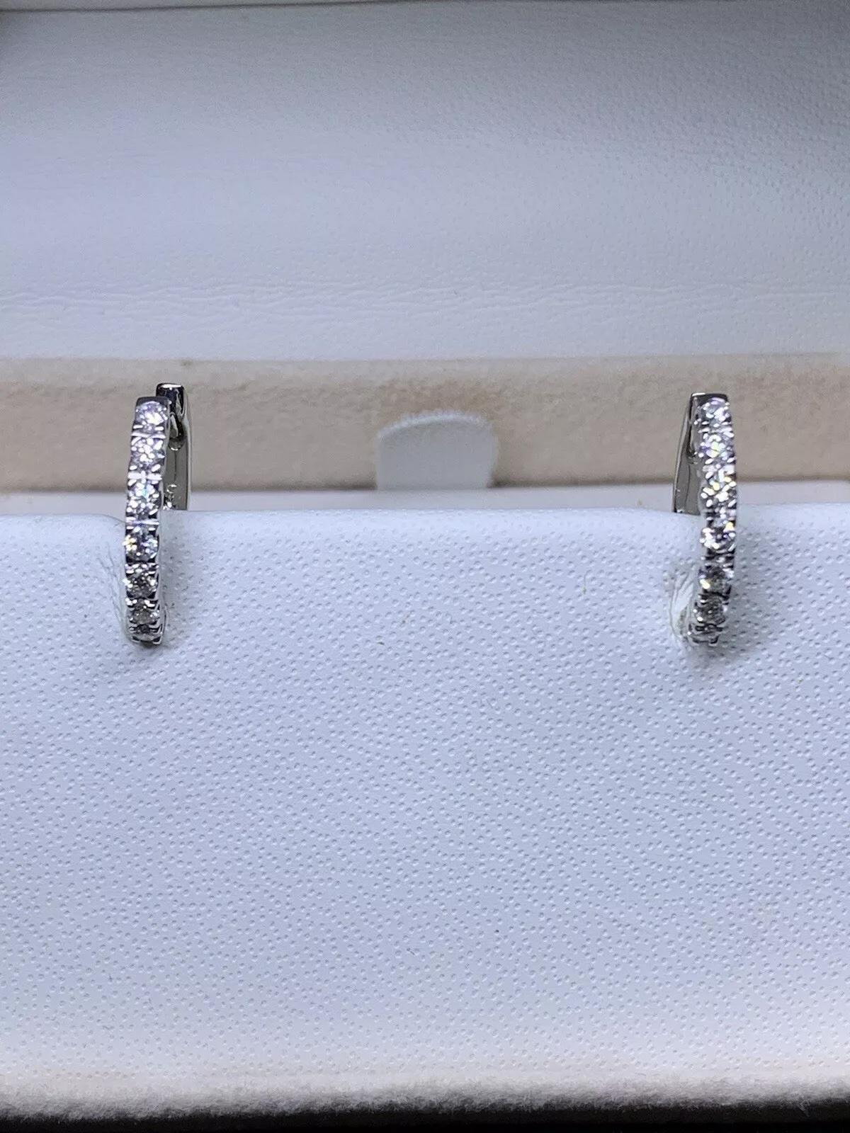 Women's or Men's 0.42ct Diamond Hoop Huggie Earrings 18ct White Gold 3.2g For Sale