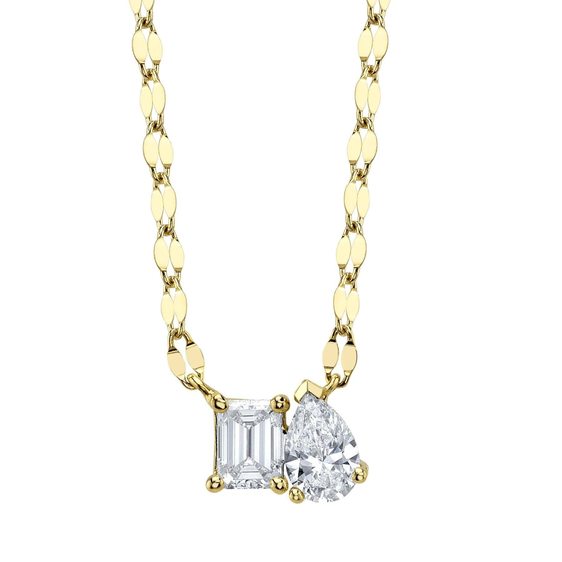 0.42ct Emerald Cut and Pear Shaped Diamond Toi Et Moi Necklace For Sale