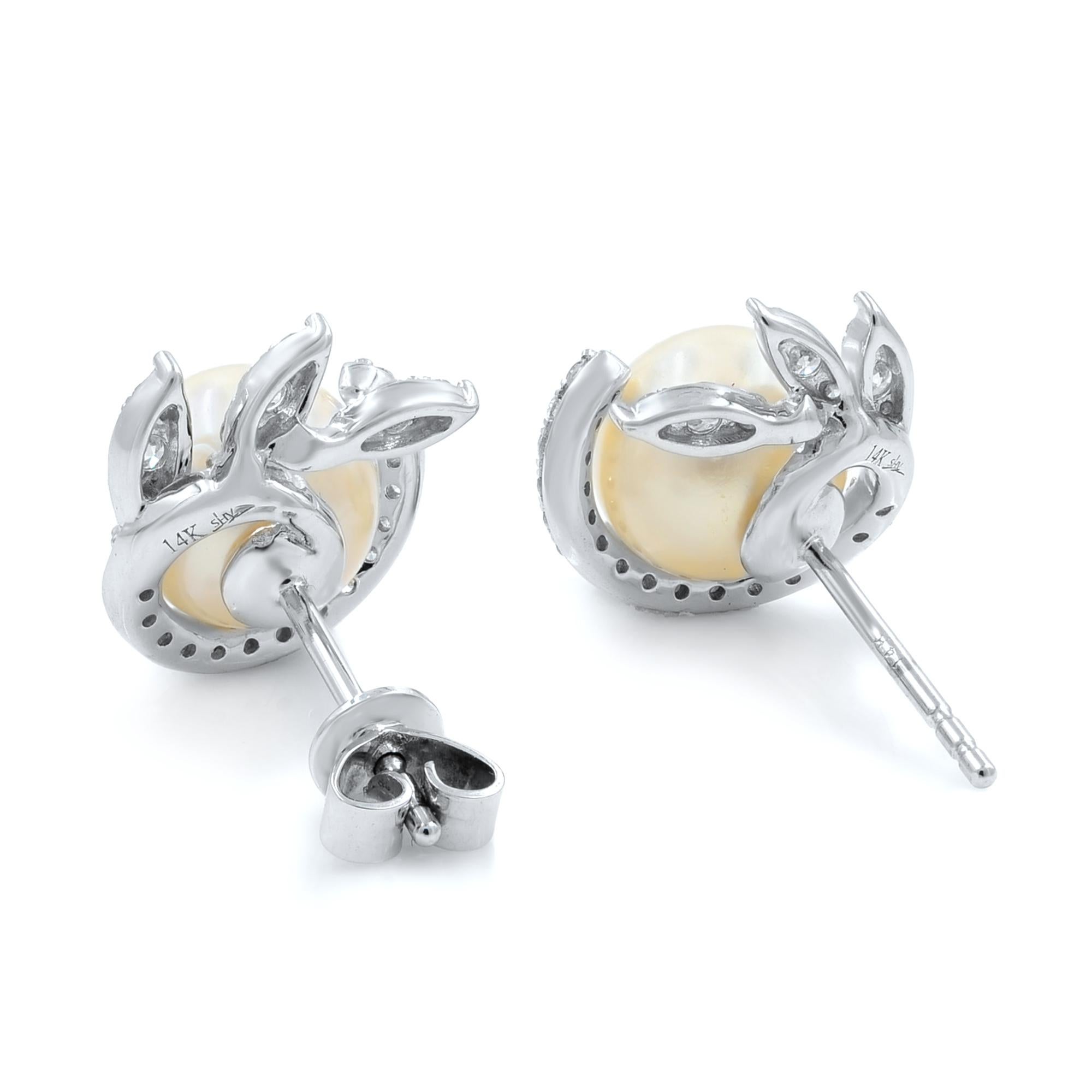 Modern 0.42cttw Fresh Water Natural White Pearl Diamond Stud Earrings 14K White Gold For Sale