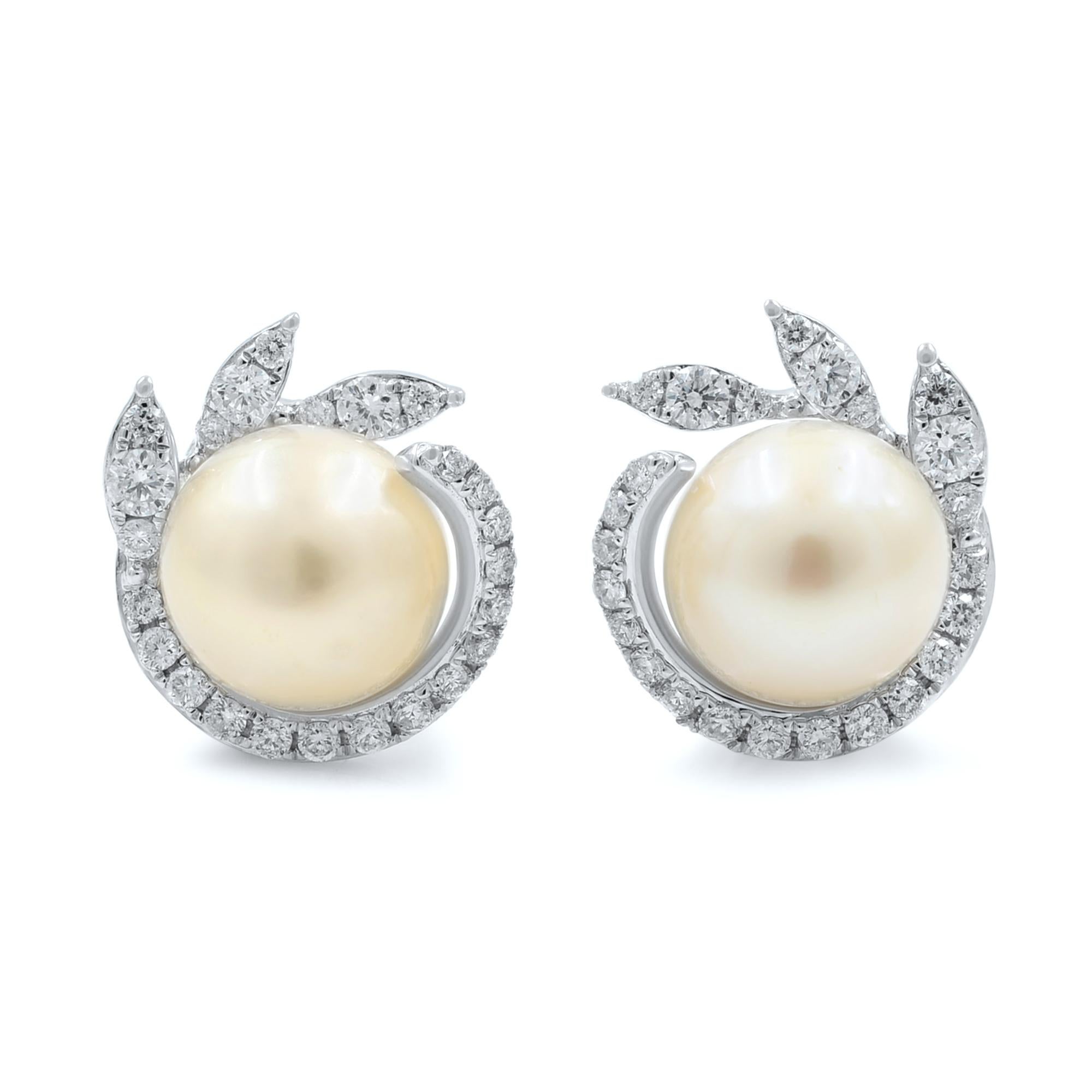 Round Cut 0.42cttw Fresh Water Natural White Pearl Diamond Stud Earrings 14K White Gold For Sale