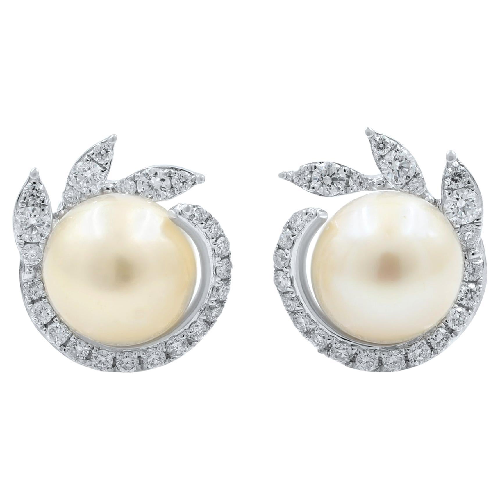 0.42cttw Fresh Water Natural White Pearl Diamond Stud Earrings 14K White Gold For Sale