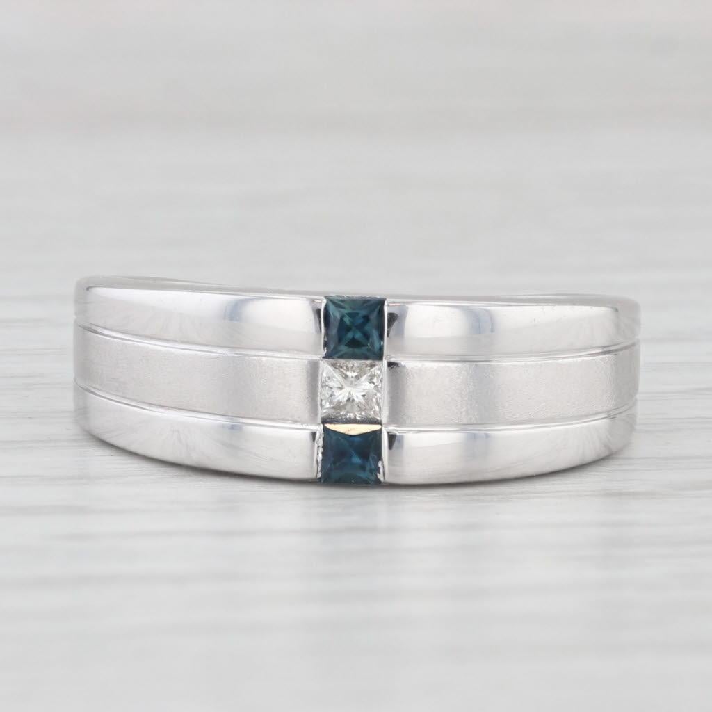 Princess Cut 0.42ctw Blue Sapphire Diamond Ring 14k White Gold Size 10.75 Men's Wedding Band