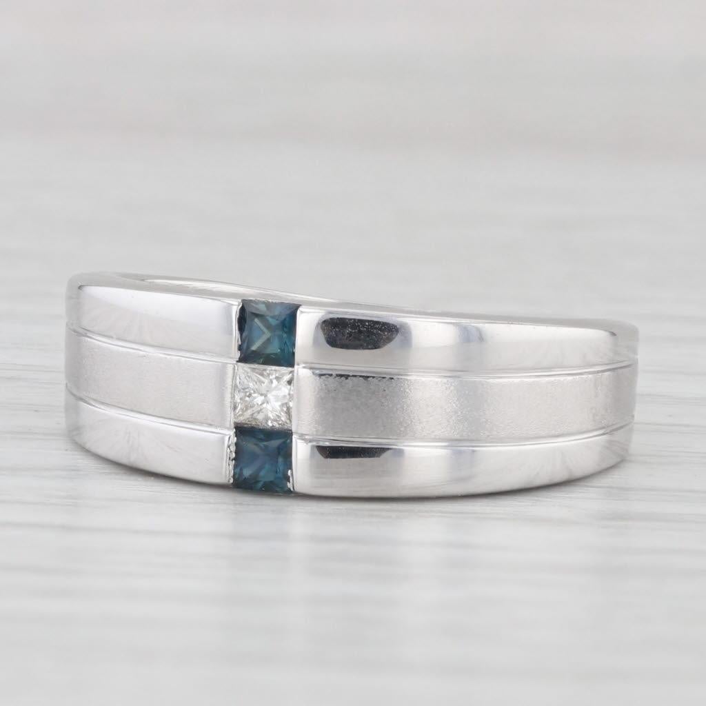 0.42ctw Blue Sapphire Diamond Ring 14k White Gold Size 10.75 Men's Wedding Band 1