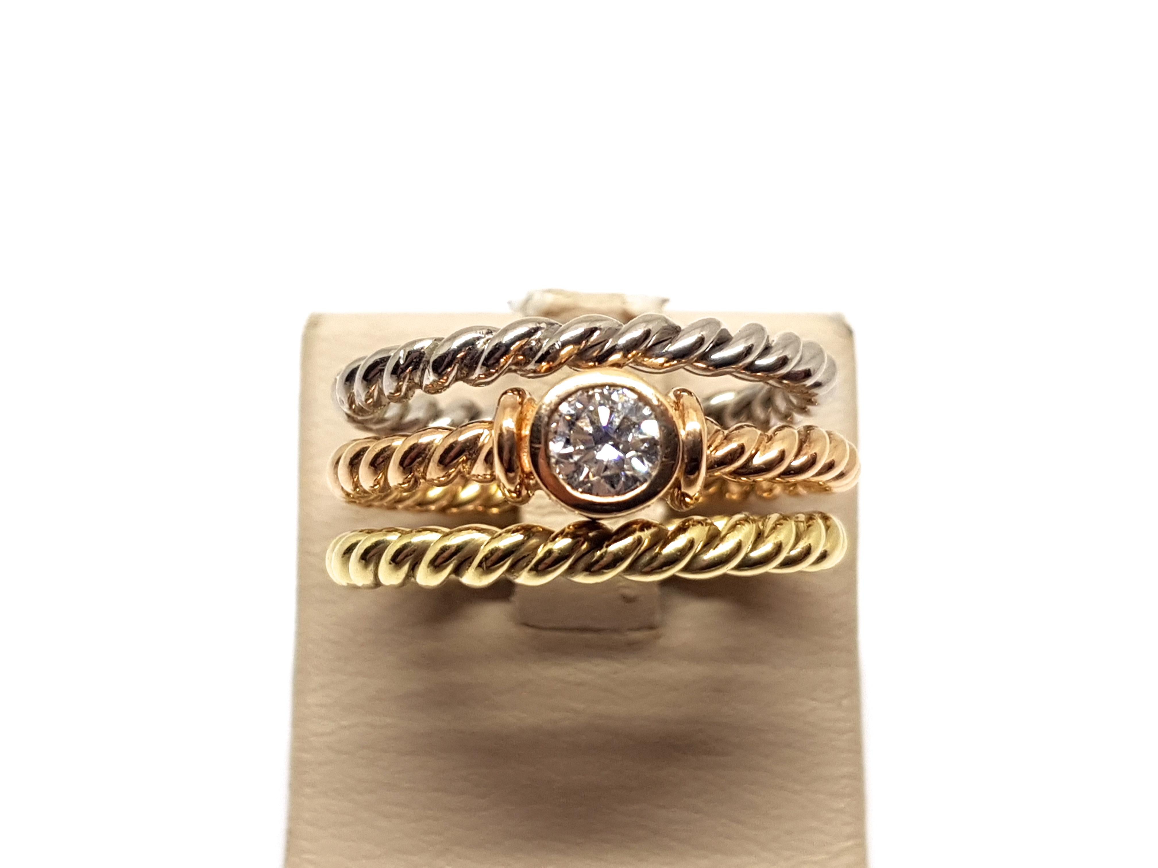 Gold: 18 Karat Yellow, White & Rose Gold 
Weight: 10.26gr. 
Diamonds: 0.43ct. Colour: F Clarity: VVS1 
Width: 1.0 cm. 
Ring size: 58 / 18.50mm 
Free resizing of Ring up to size 70 / 22mm / US 13 
All our jewellery comes with a certificate and 5