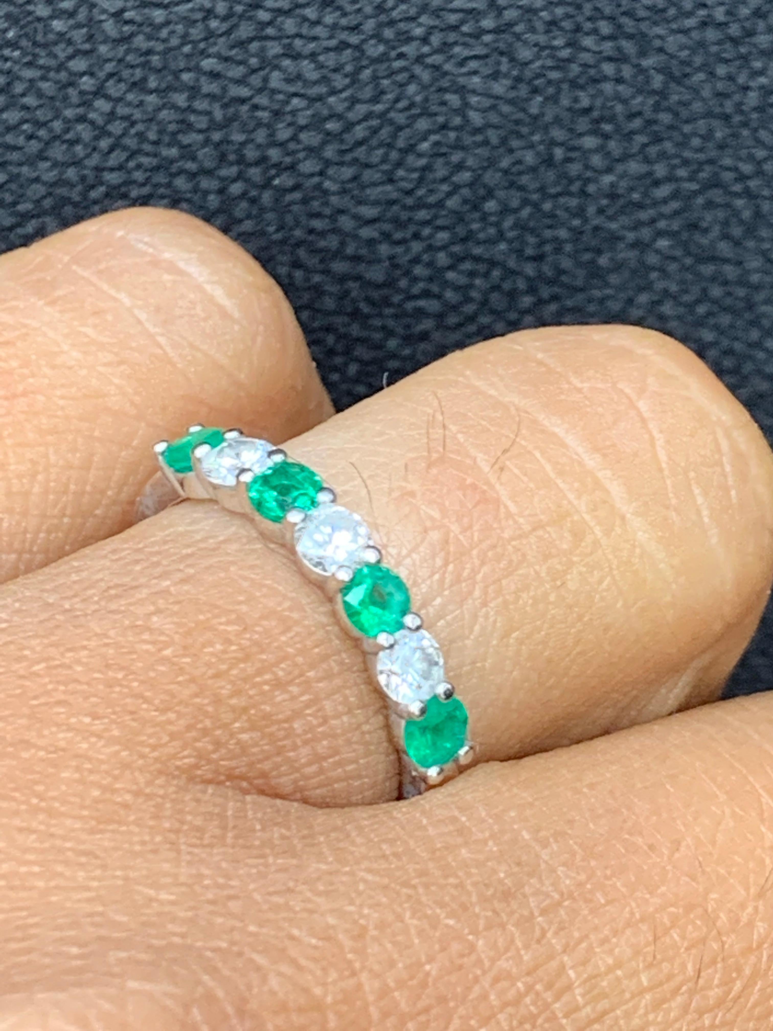 Contemporary 0.43 Carat Alternating Emerald and Diamond Halfway Wedding Band in 14K Whitegold For Sale