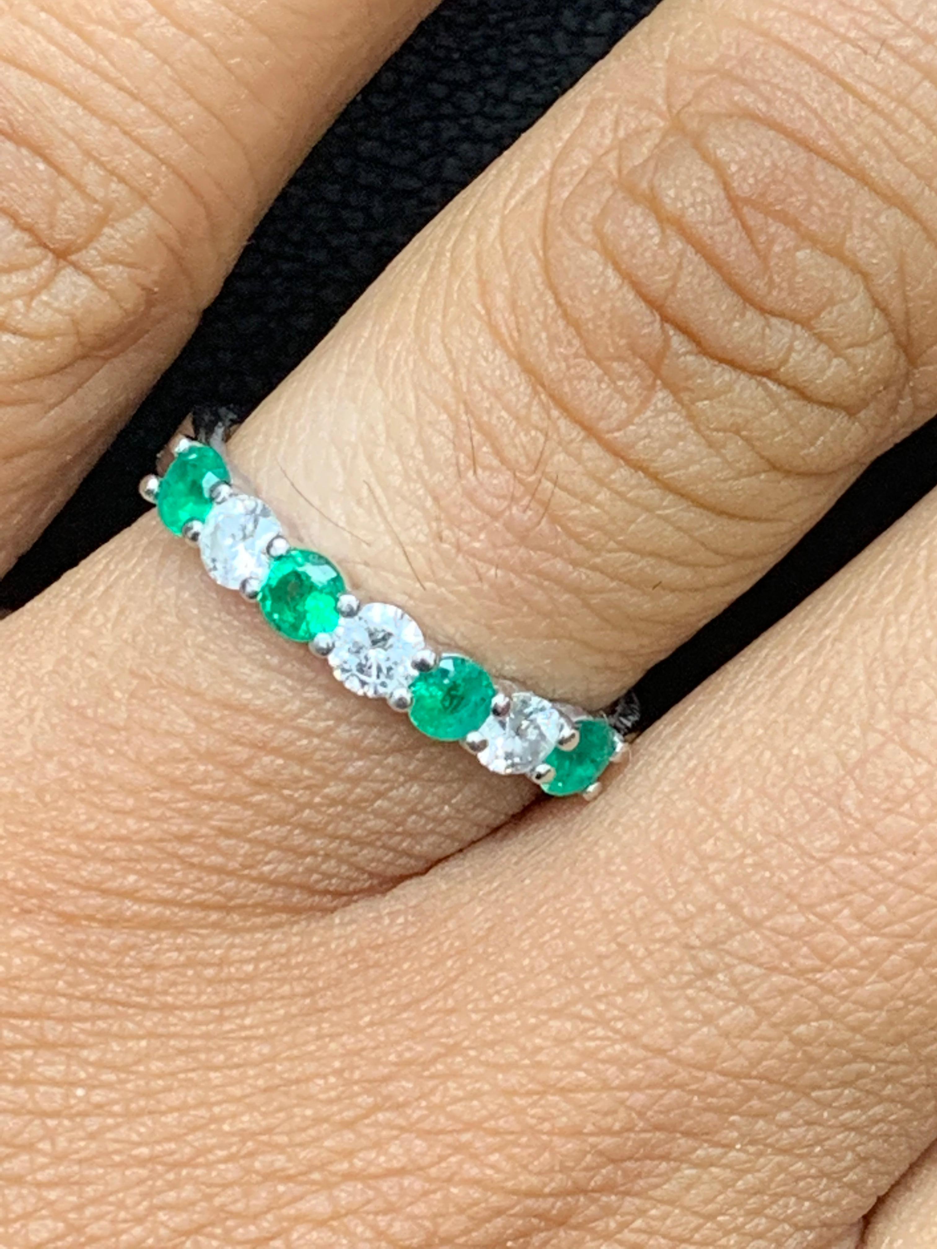 Brilliant Cut 0.43 Carat Alternating Emerald and Diamond Halfway Wedding Band in 14K Whitegold For Sale