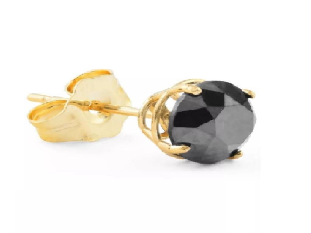 Round Cut 0.43 Carat Black Diamond Single Stud Earring in 14 K Yellow Gold For Sale