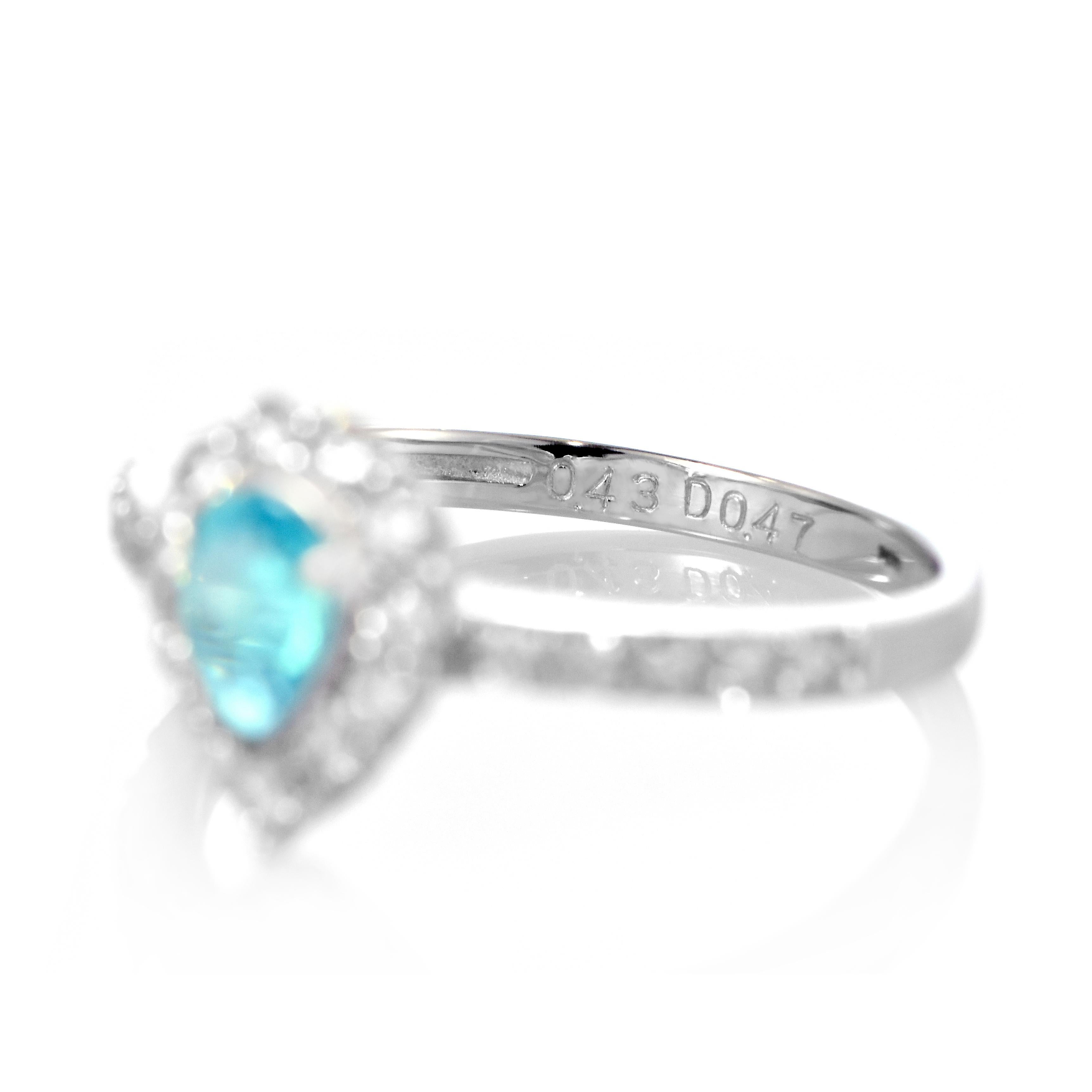 0.43 Carat Brazilian Paraiba Tourmaline and Diamond Ring Made in Platinum For Sale 1
