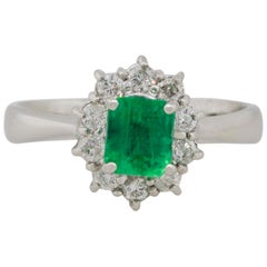 0.43 Carat Emerald Center Diamond Halo Ring Platinum in Stock