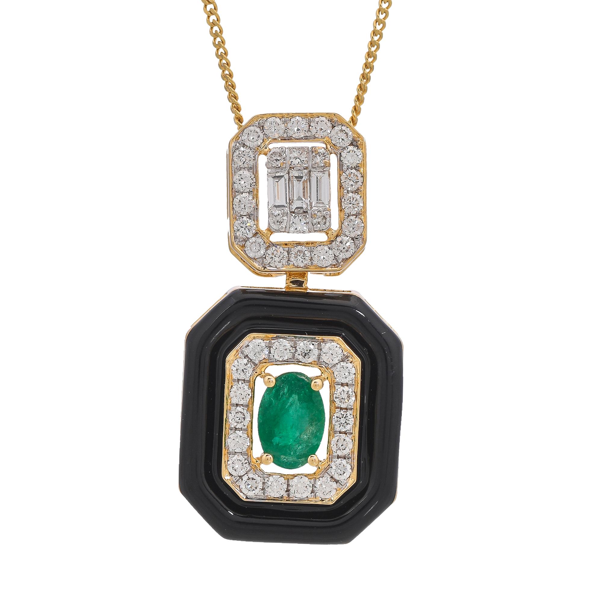 0.43 Carat Emerald Diamond and Black Enamel 18kt Yellow Gold Pendant In New Condition For Sale In Jaipur, Jaipur