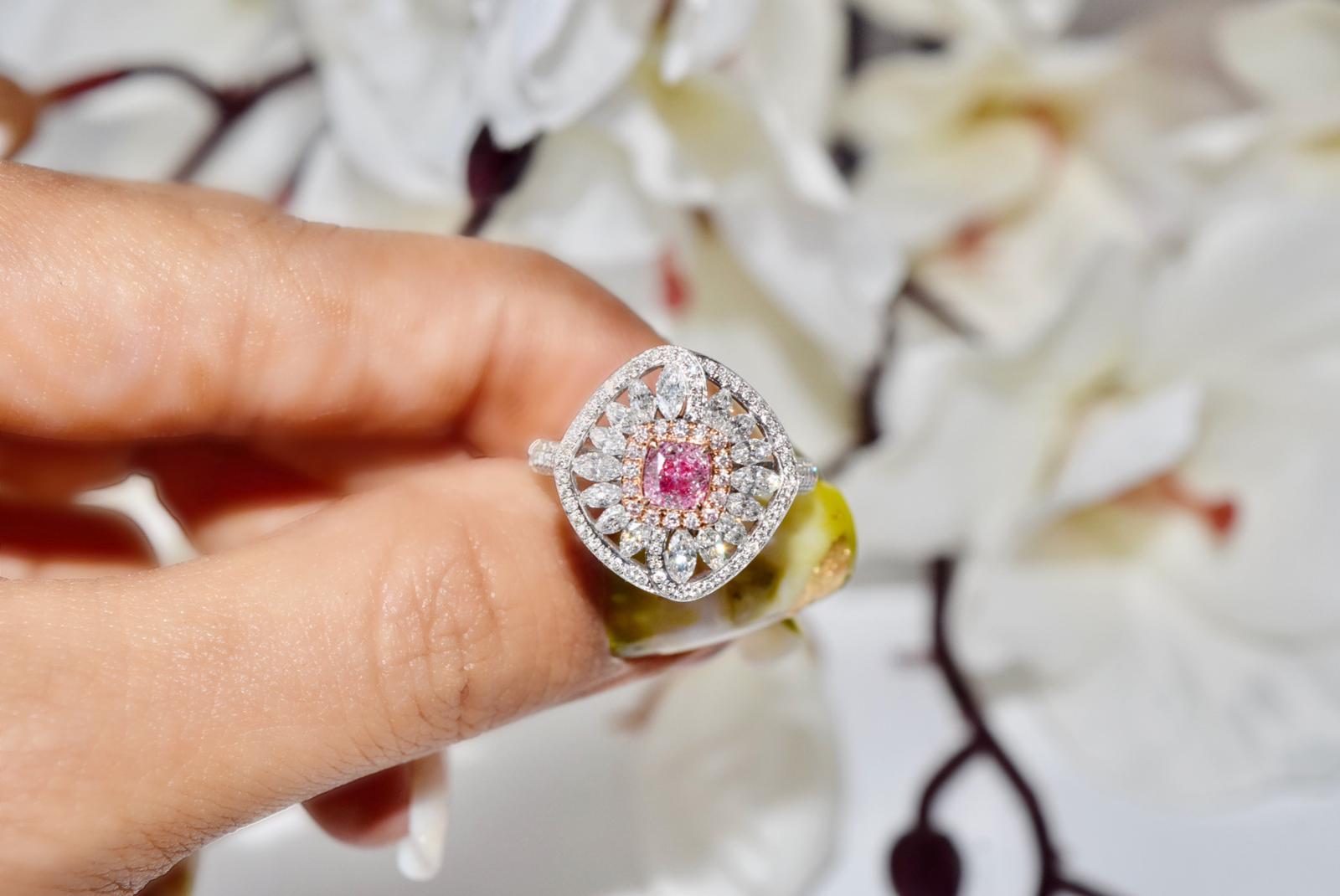 **100% NATURAL FANCY COLOUR DIAMOND JEWELLERIES**

✪ Jewelry Details ✪

♦ MAIN STONE DETAILS

➛ Stone Shape: Cushion
➛ Stone Color: Faint Pink
➛ Stone Weight: 0.43 carat
➛ Clarity: I2
➛ GIA certified

♦ SIDE STONE DETAILS

➛ Side Marquise diamond -
