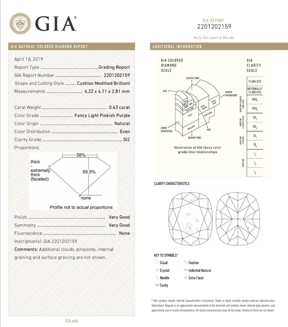 0.43 Carat Fancy Light Pinkish Purple Cushion cut diamond GIA Certified For Sale 1