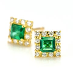 0.43 Carat Natural Emerald and Diamond Pierced Earrings Made in 18K Gold