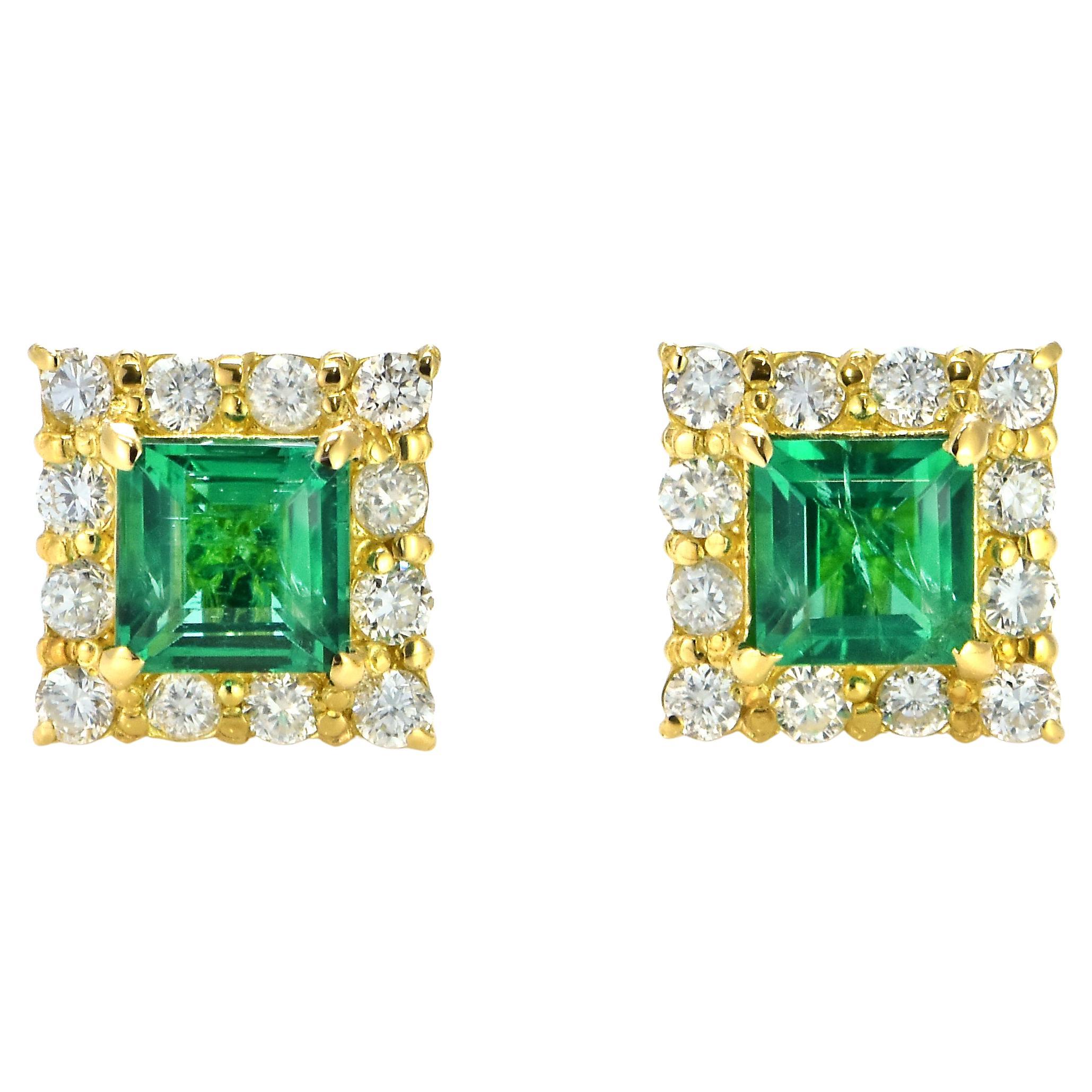0.43 Carat Natural Emerald and Diamond Pierced Earrings Made in 18K Gold