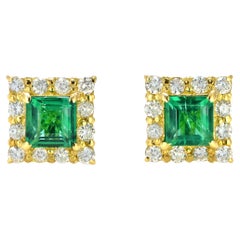 0.43 Carat Natural Emerald and Diamond Pierced Earrings Made in 18K Gold