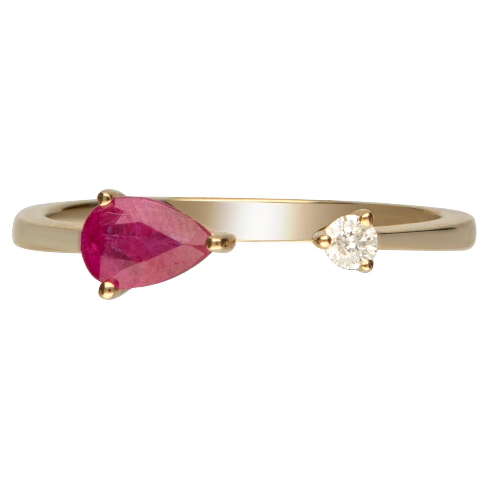 0.43 Carat Pear-Cut Ruby with Diamond Accents 14K Yellow Gold Ring For Sale