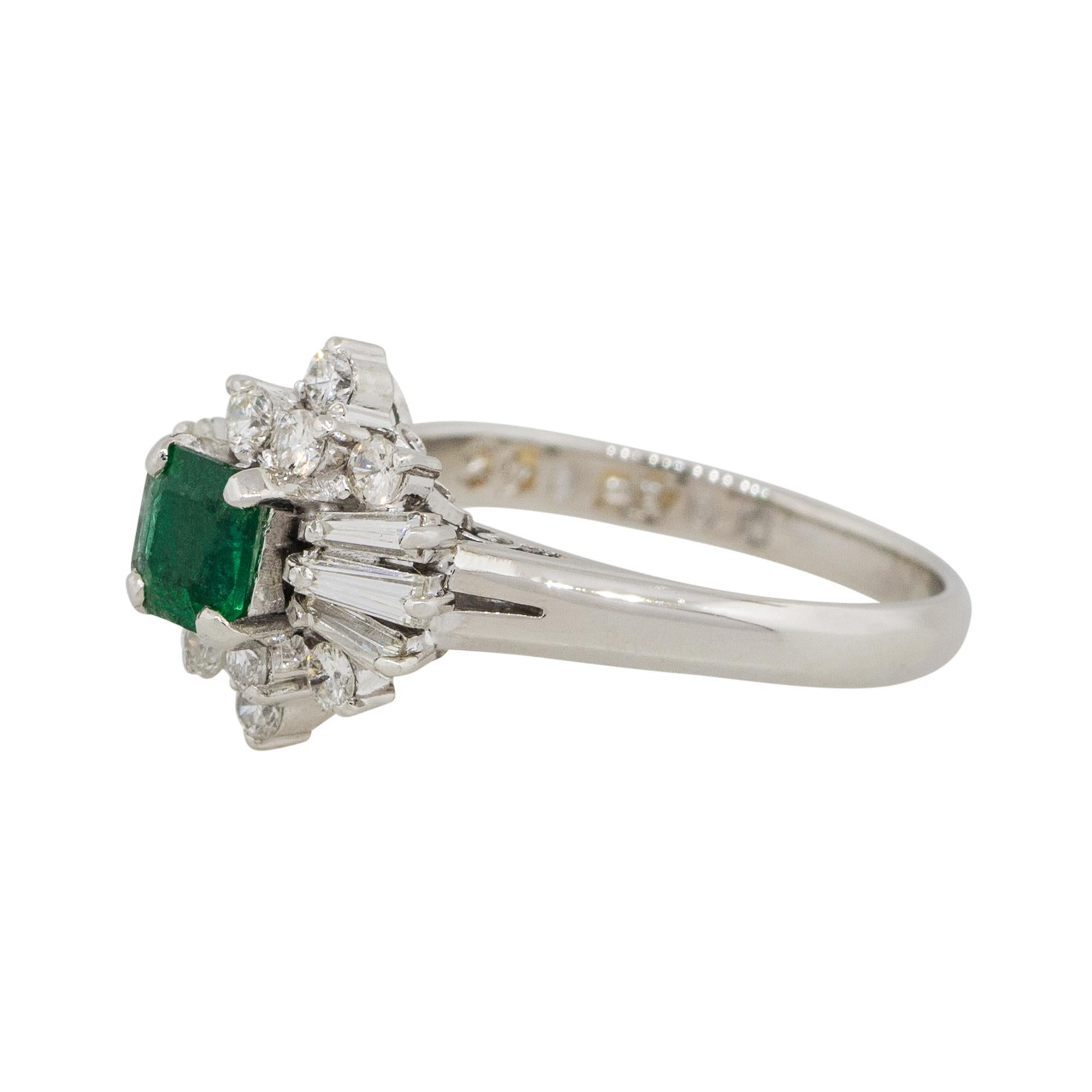 Material: Platinum
Gemstone details: Approx. 0.43ctw square shaped Emerald center gemstone
Diamond details: Approx. 0.56ctw of round and baguette cut Diamonds. Diamonds are G/H in color and VS in clarity
Ring Size: 6   
Ring Measurements: 0.75