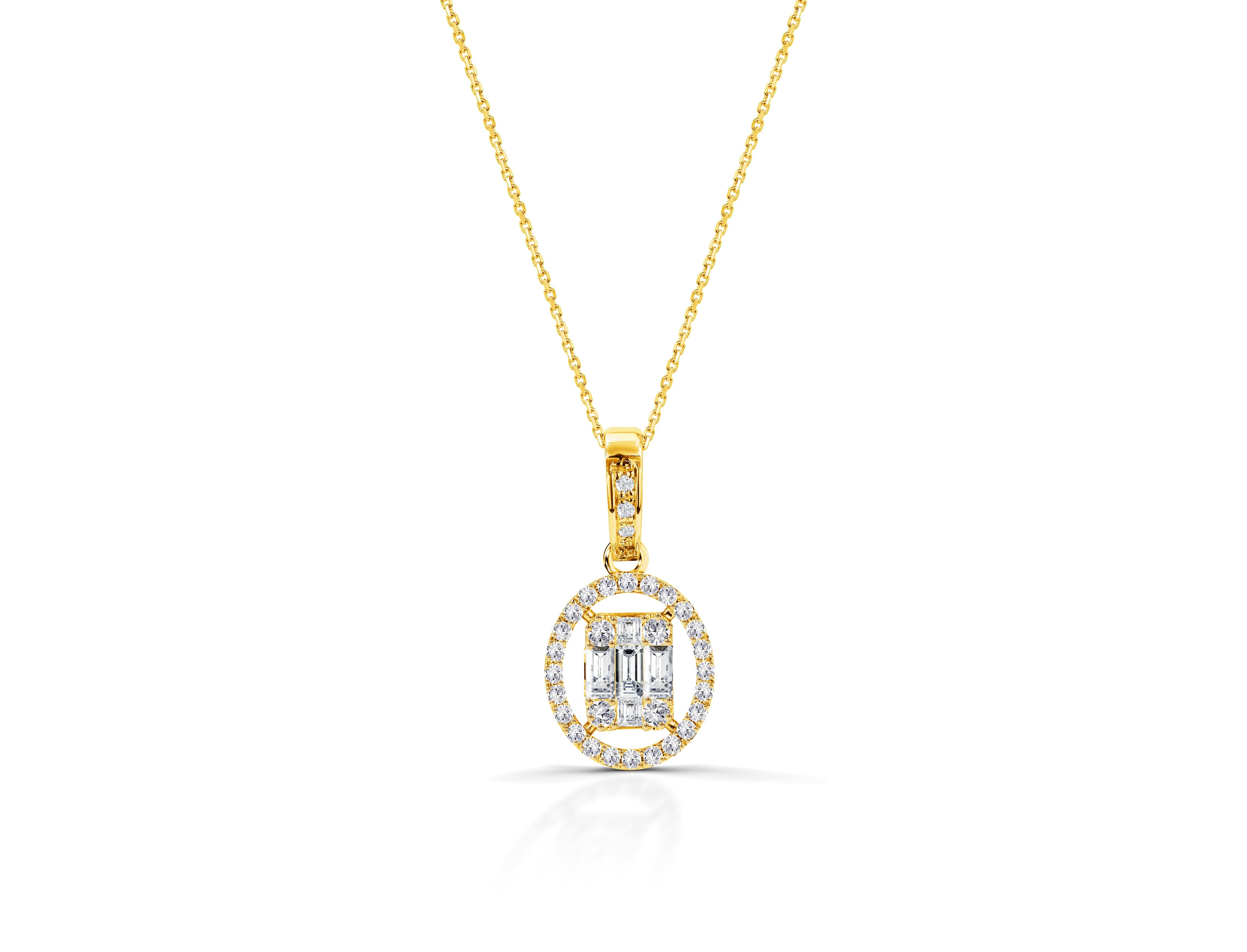 Modern 0.43 Ct Diamond Baguette and Round Pendant in 14K Gold For Sale