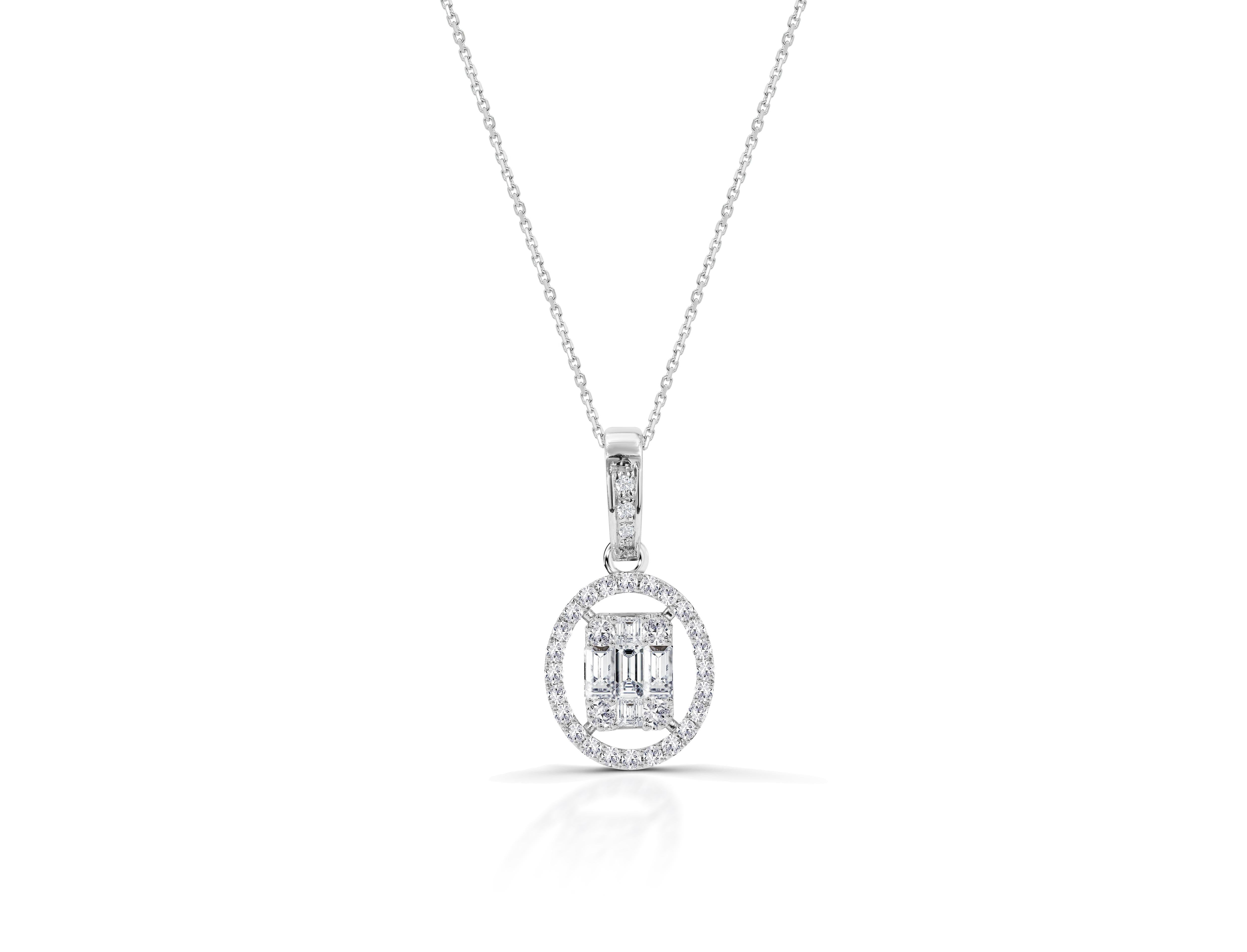 Round Cut 0.43 Ct Diamond Baguette and Round Pendant in 14K Gold For Sale