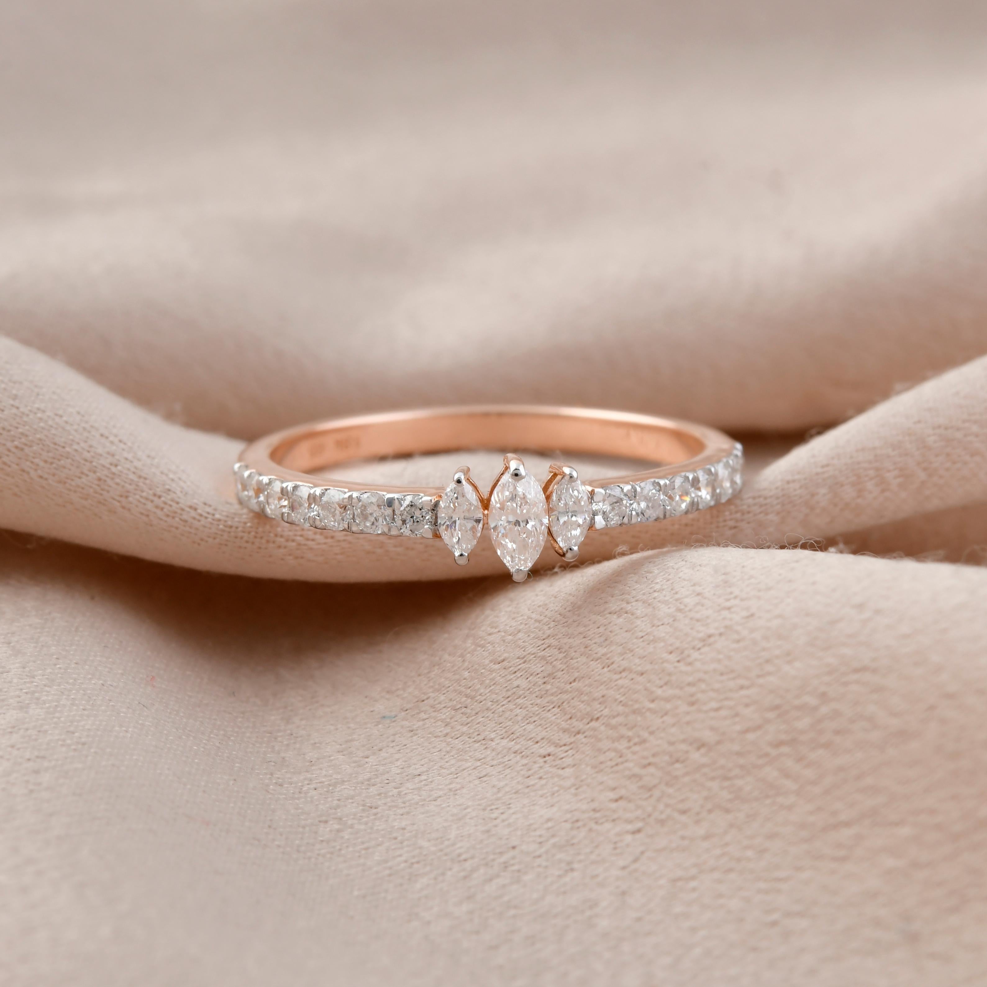 Marquise Cut 0.43ct. Marquise Round Diamond Band Ring 18 Karat Rose Gold Handmade Jewelry For Sale