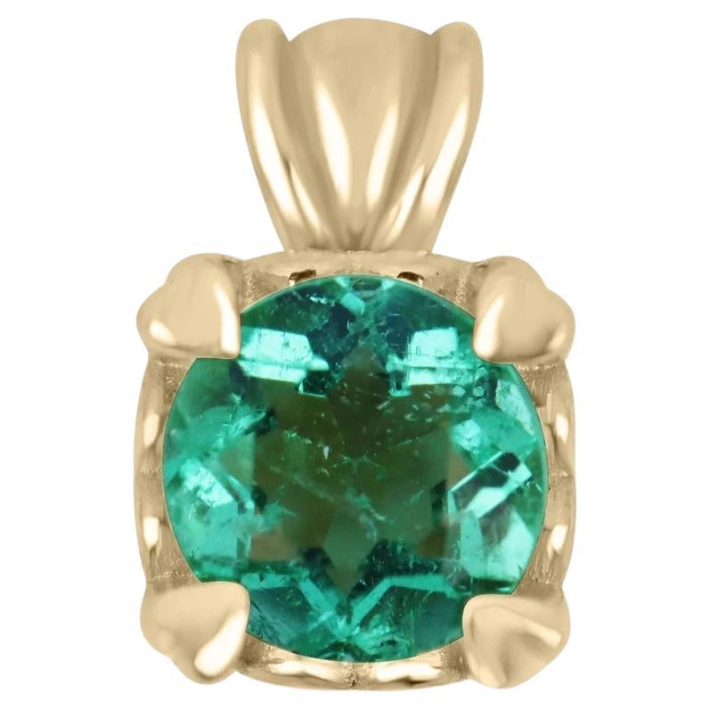 0.43ct 14K Natural Green Emerald-Round Cut Solitaire Prong Petite Gold Pendant  For Sale