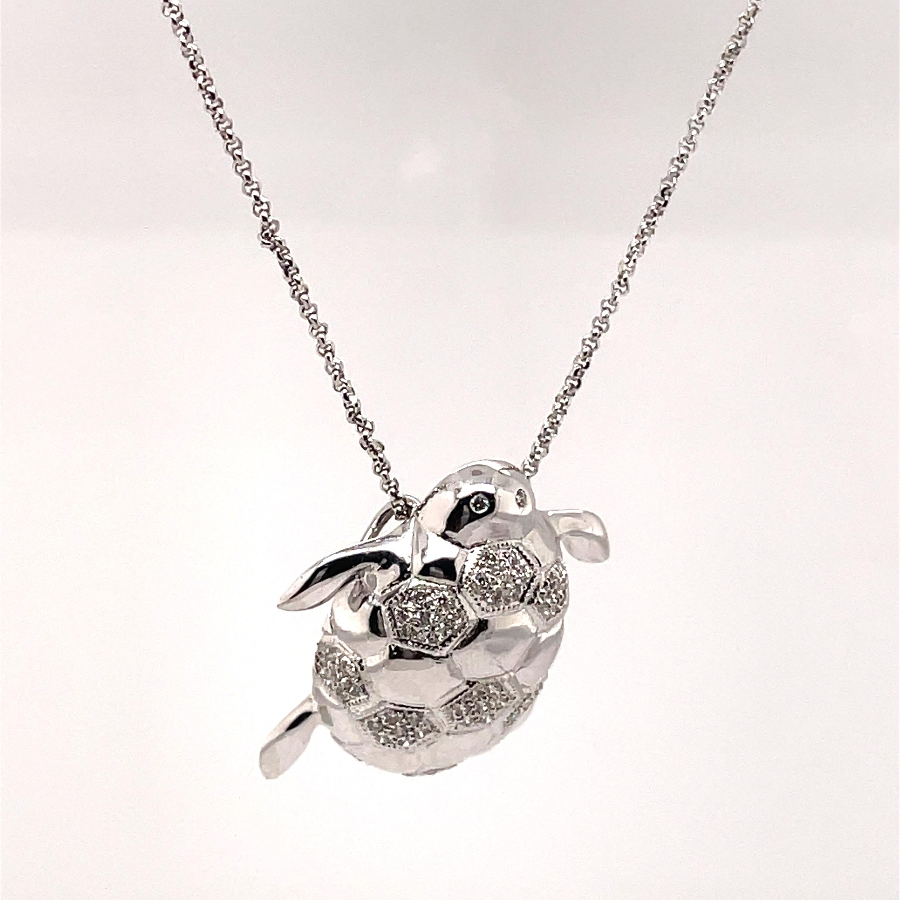 Modern 0.43ct Diamond Turtle Pendant Necklace 18k White Gold For Sale