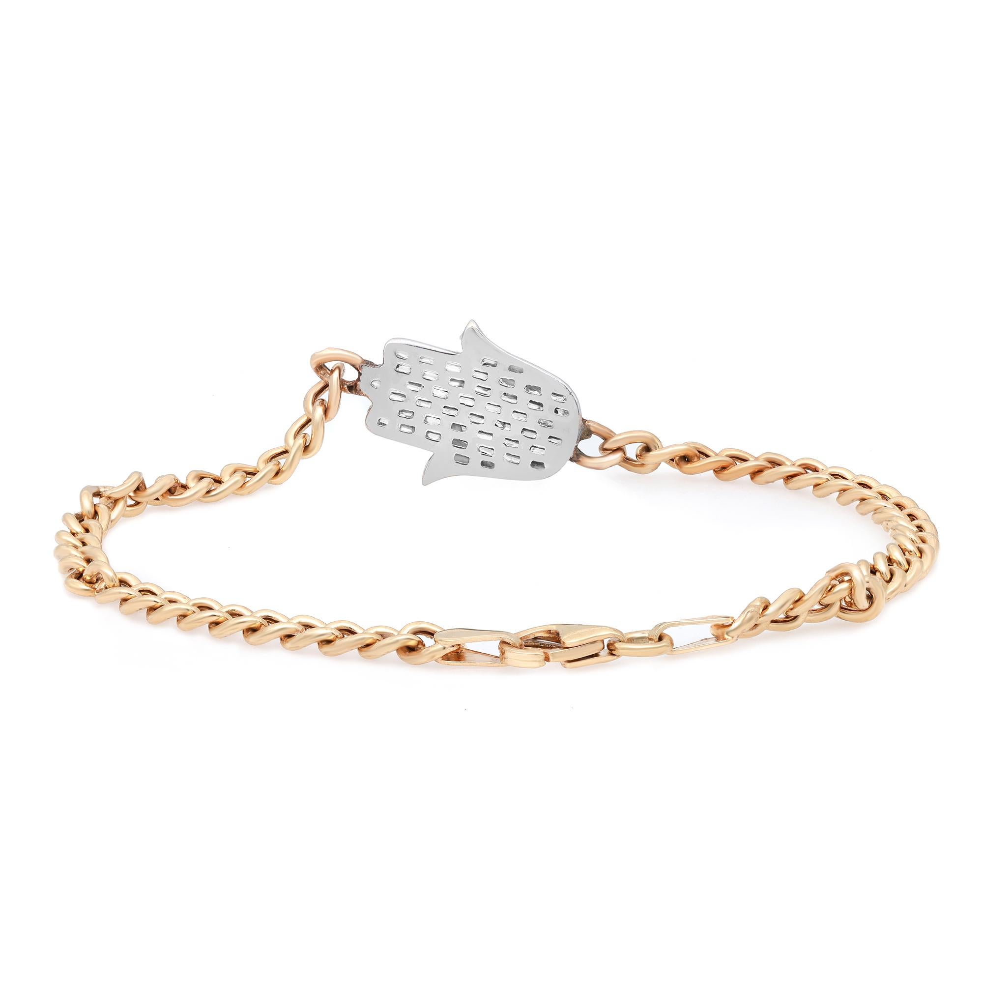 Moderne Bracelet à maillons cubains Hamsa en or jaune 14 carats avec diamants taille baguette 0,43 carat en vente