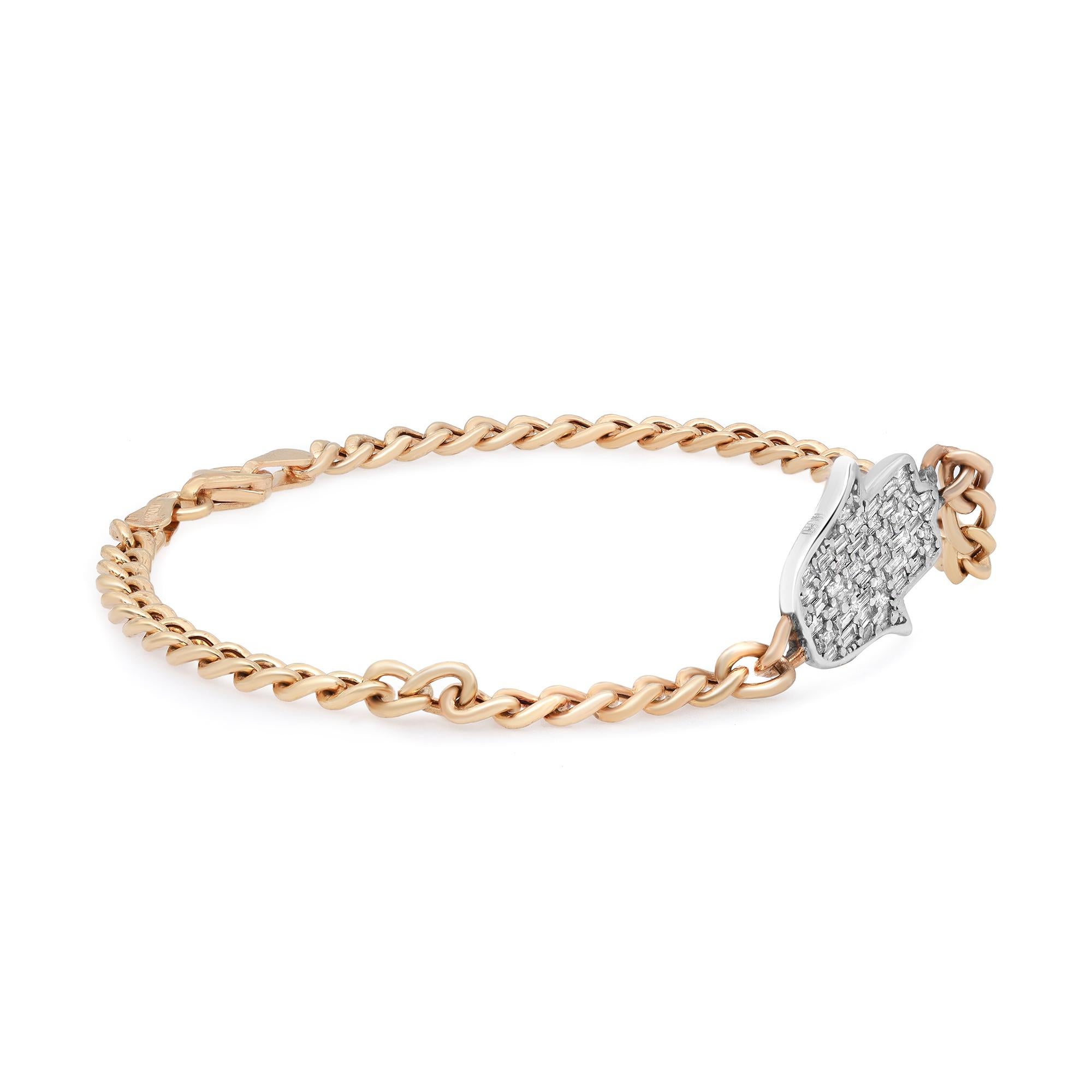 Taille baguette Bracelet à maillons cubains Hamsa en or jaune 14 carats avec diamants taille baguette 0,43 carat en vente