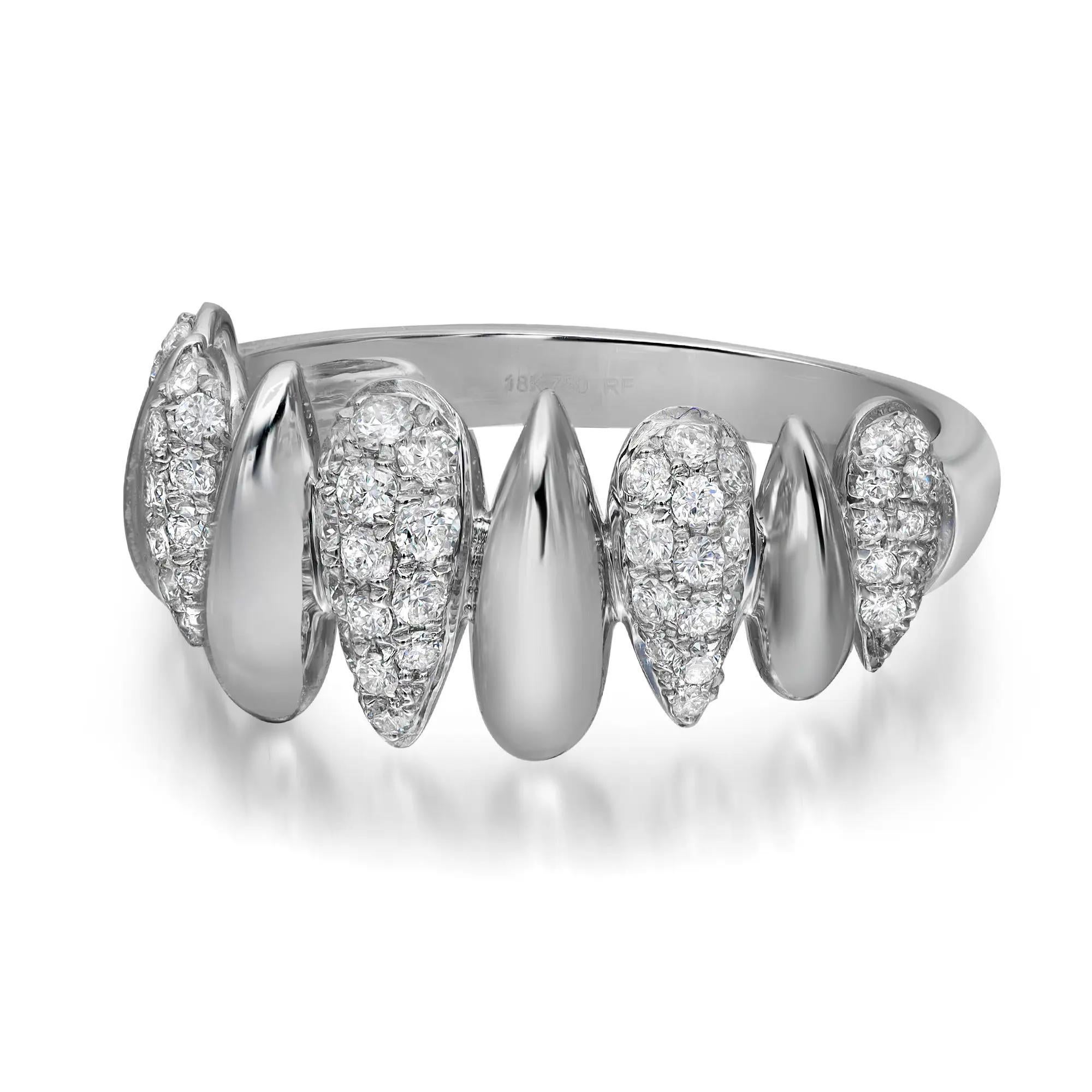 This beautiful diamond multi drop shaped band ring is all about sparkle and glamour. Crafted in high polished 18k white gold. This ring features 70 pave set round brilliant cut diamonds studded in alternate drop shaped shank designed halfway through