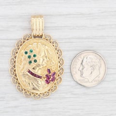 0.43ctw Emerald Ruby Cameo Pendant 18k Yellow Gold Floral Vintage